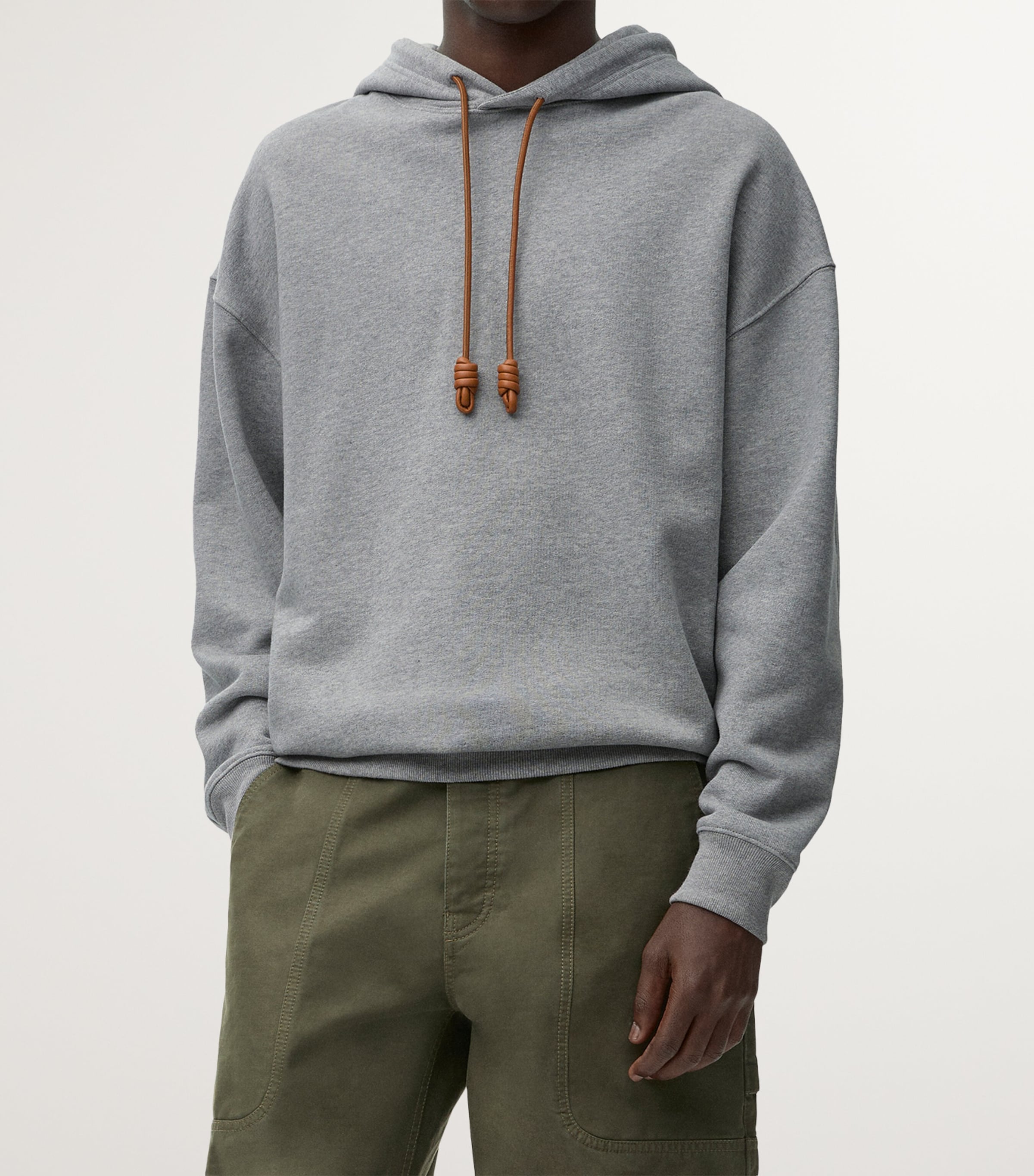 LOEWE Mens Cotton-Blend Leather-Anagram Hoodie Grey Melange Image 3