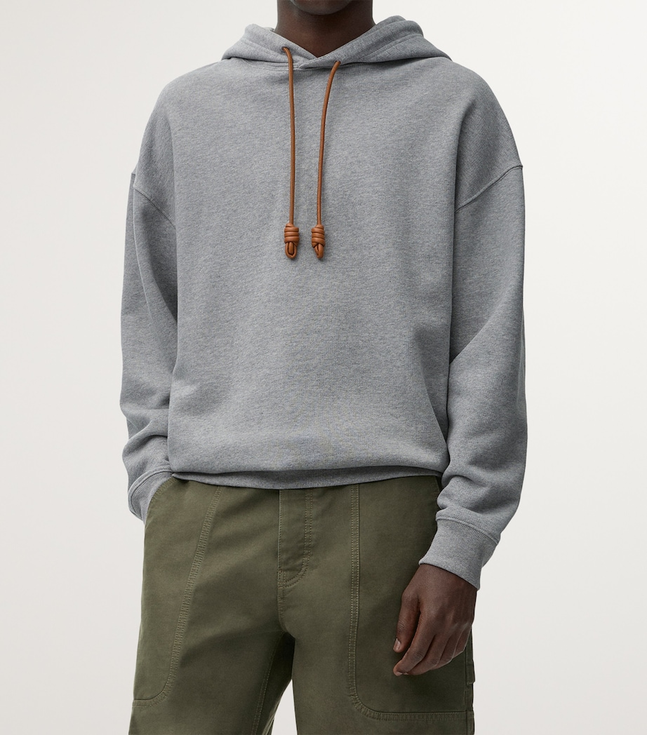 LOEWE Mens Cotton-Blend Leather-Anagram Hoodie Grey Melange Image 3