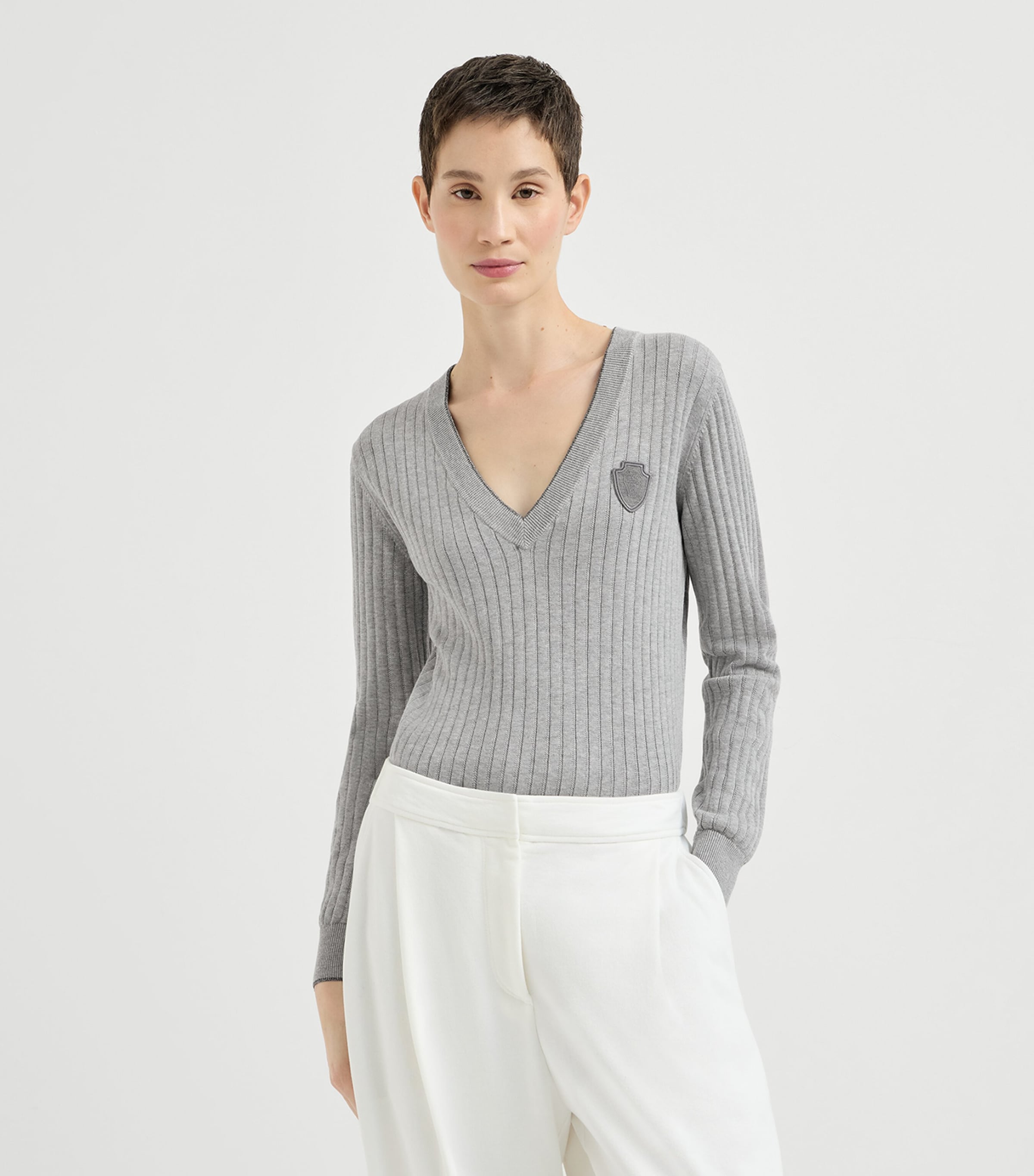 Brunello Cucinelli Womens Cotton Ribbed V-Neck Sweater Image 4