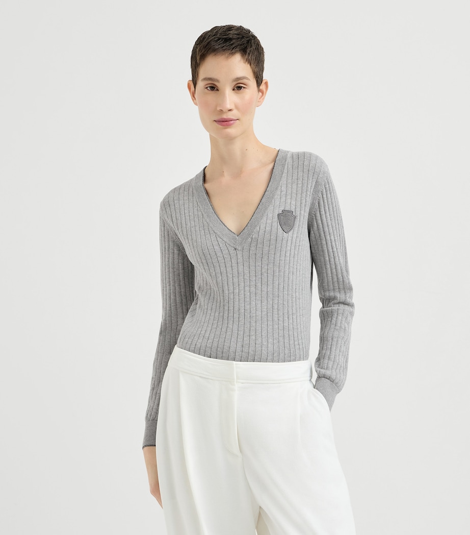 Brunello Cucinelli Womens Cotton Ribbed V-Neck Sweater Image 4