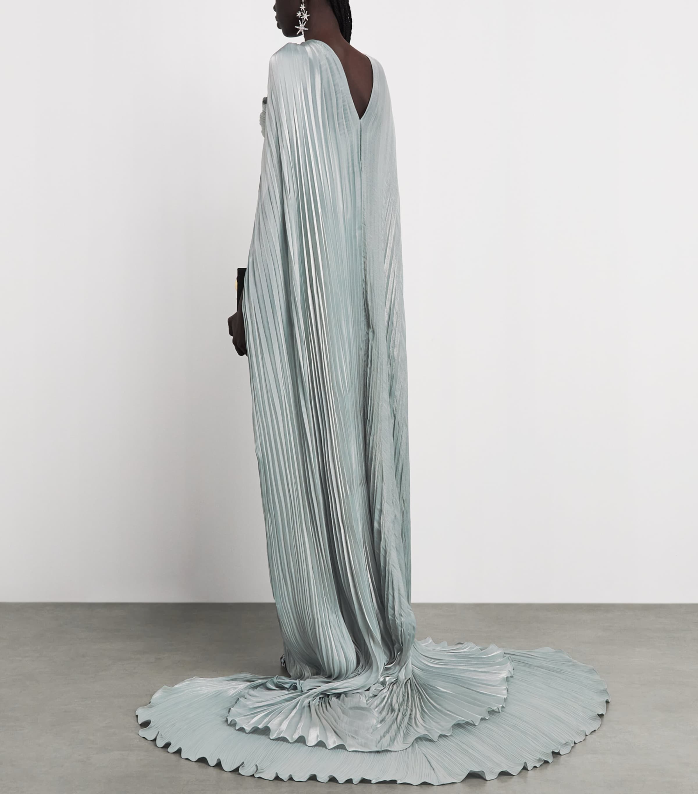 Marmar Halim Womens Asymmetric Pleated Cape Gown Blue Gray Image 5