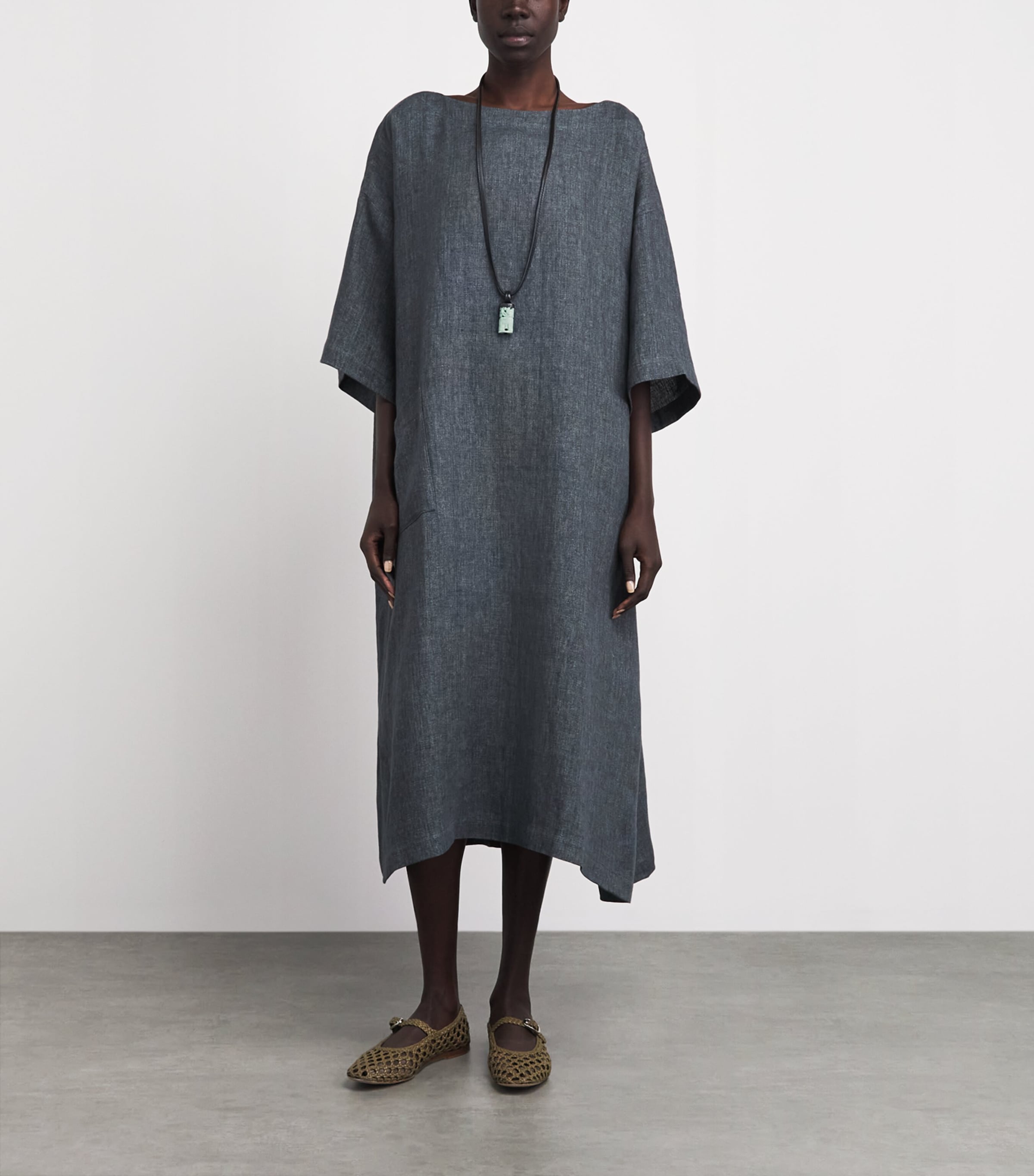 Eskandar Womens Linen Boat-Neck Midi Dress Petrol Image 2
