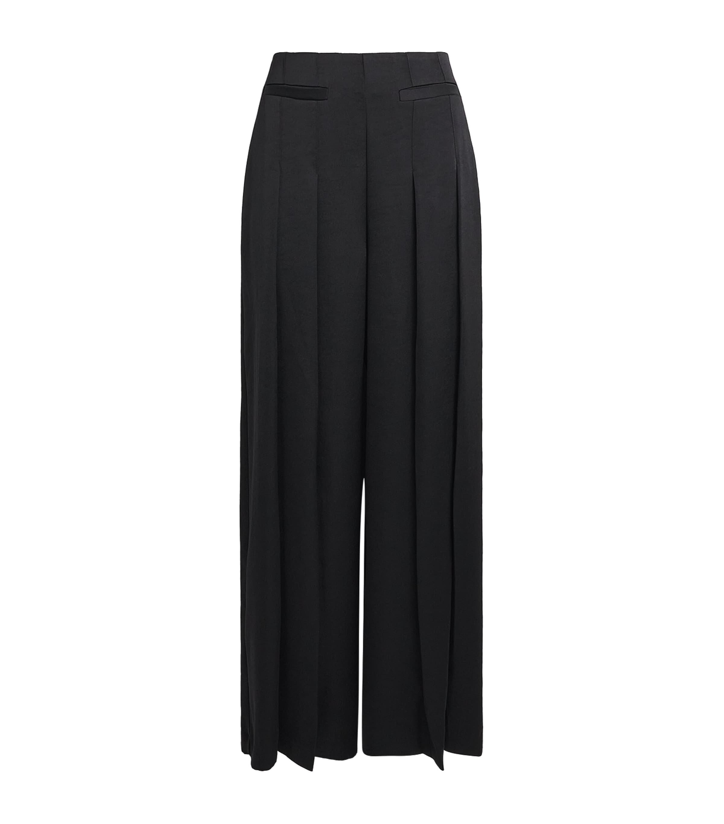 Satin Pleated Wide-Leg Trousers BLACK Image 1