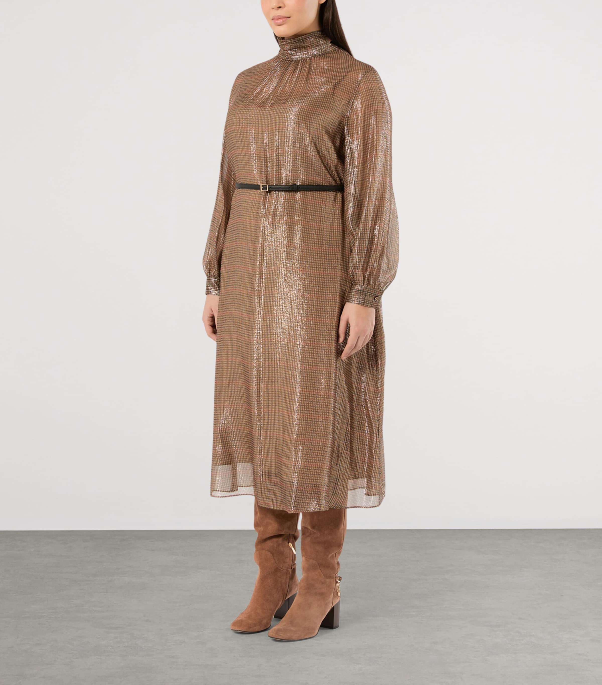 Marina Rinaldi Silk-Blend Metallic Tartan Midi Dress Gold Camel Image 3
