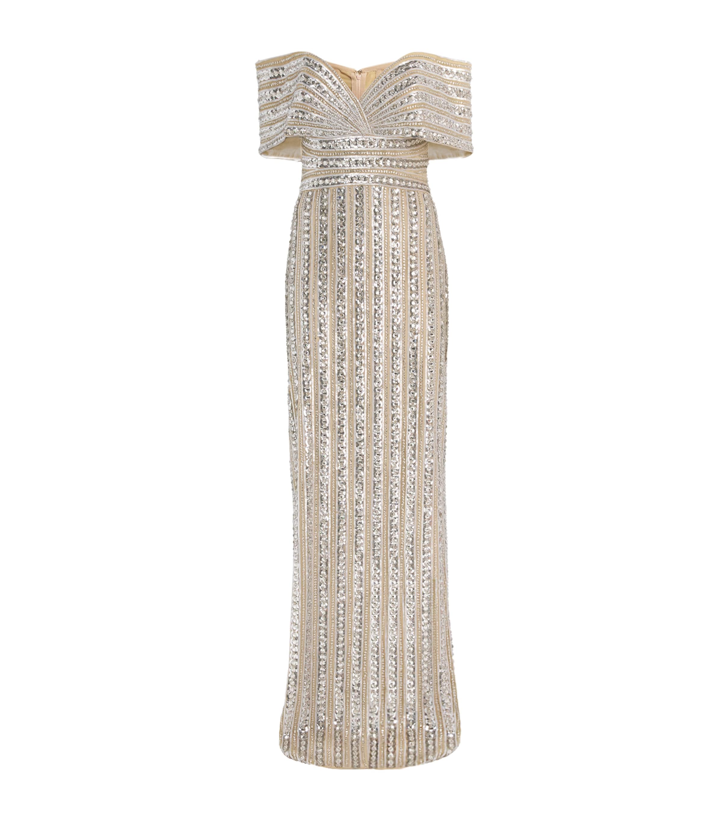 Embroidered Tulle Off-The-Shoulder Gown NUDE/MULTI Image 1