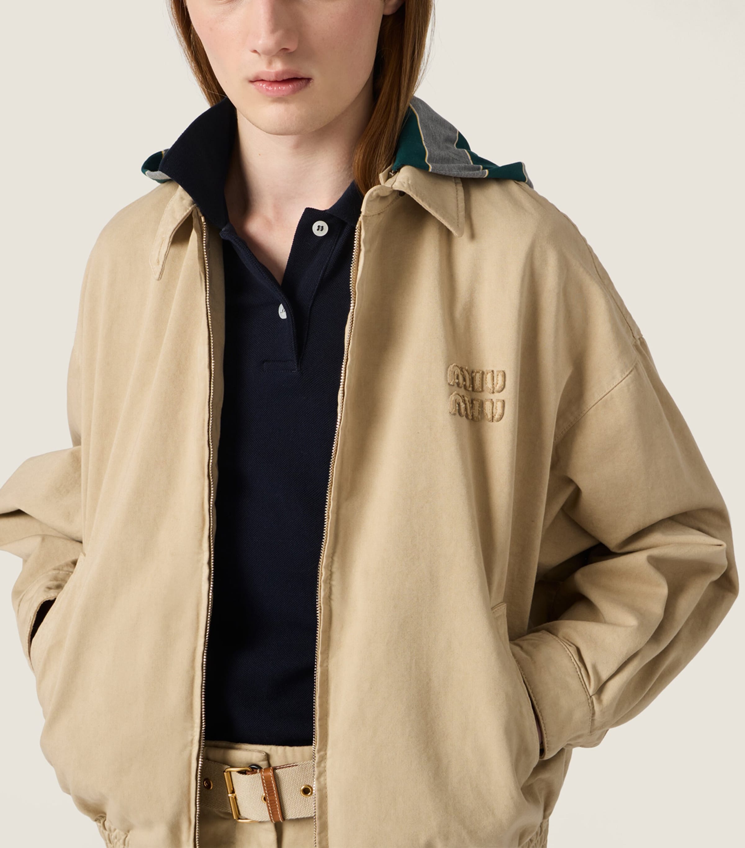 Miu Miu Womens Gabardine Hooded Jacket Neutral Image 4