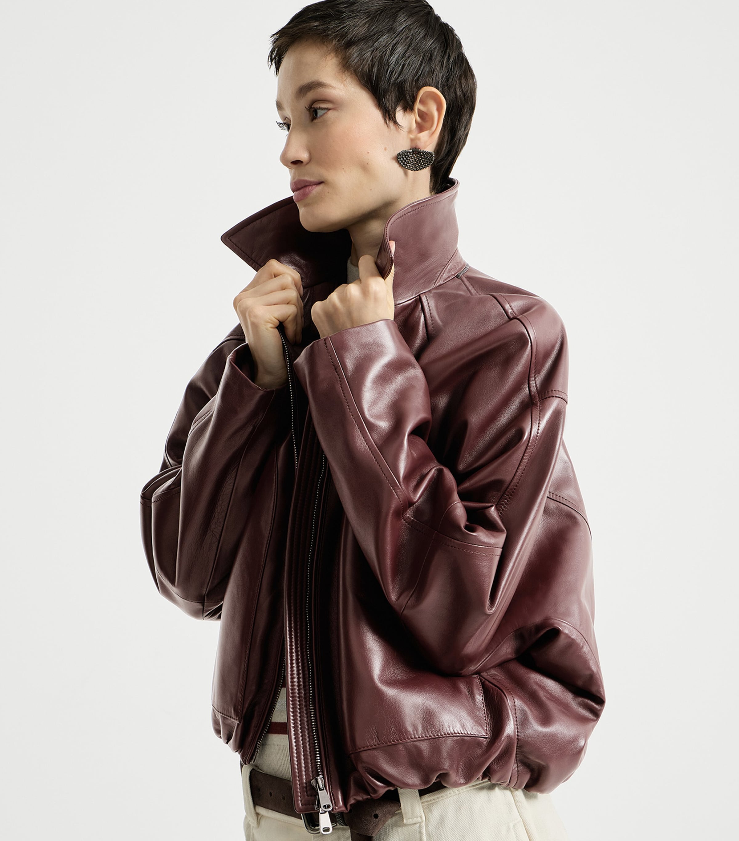 Brunello Cucinelli Womens Nappa Leather Jacket Ruby Red Image 2