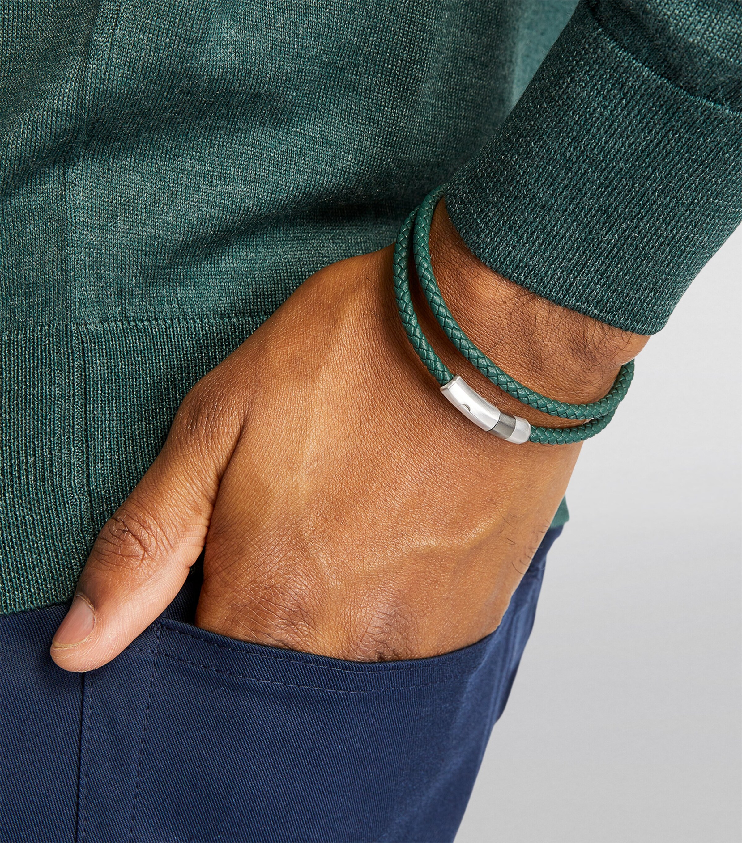 Tateossian Leather And Sterling Silver Pelle Bracelet Silver/ Green Image 5