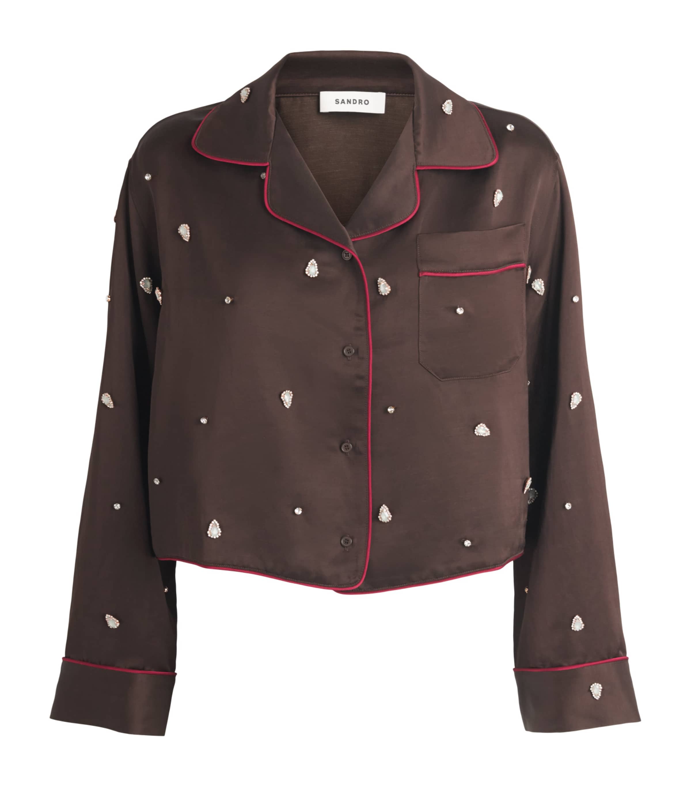 Sandro Paris Womens Embellished Pyjama-Style Shirt Brown Image 1