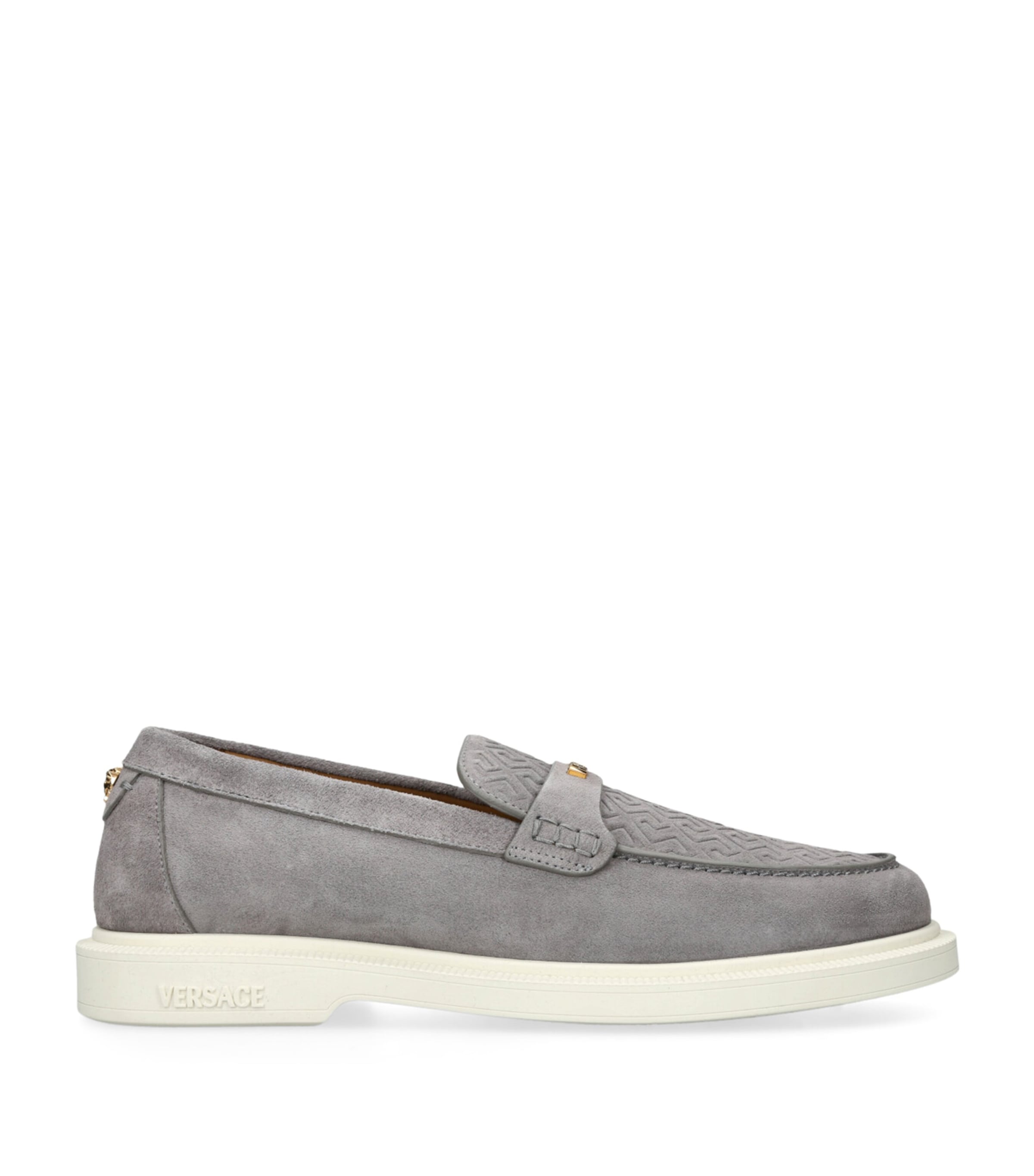 Versace Suede Greco Monogram Loafers In Gray
