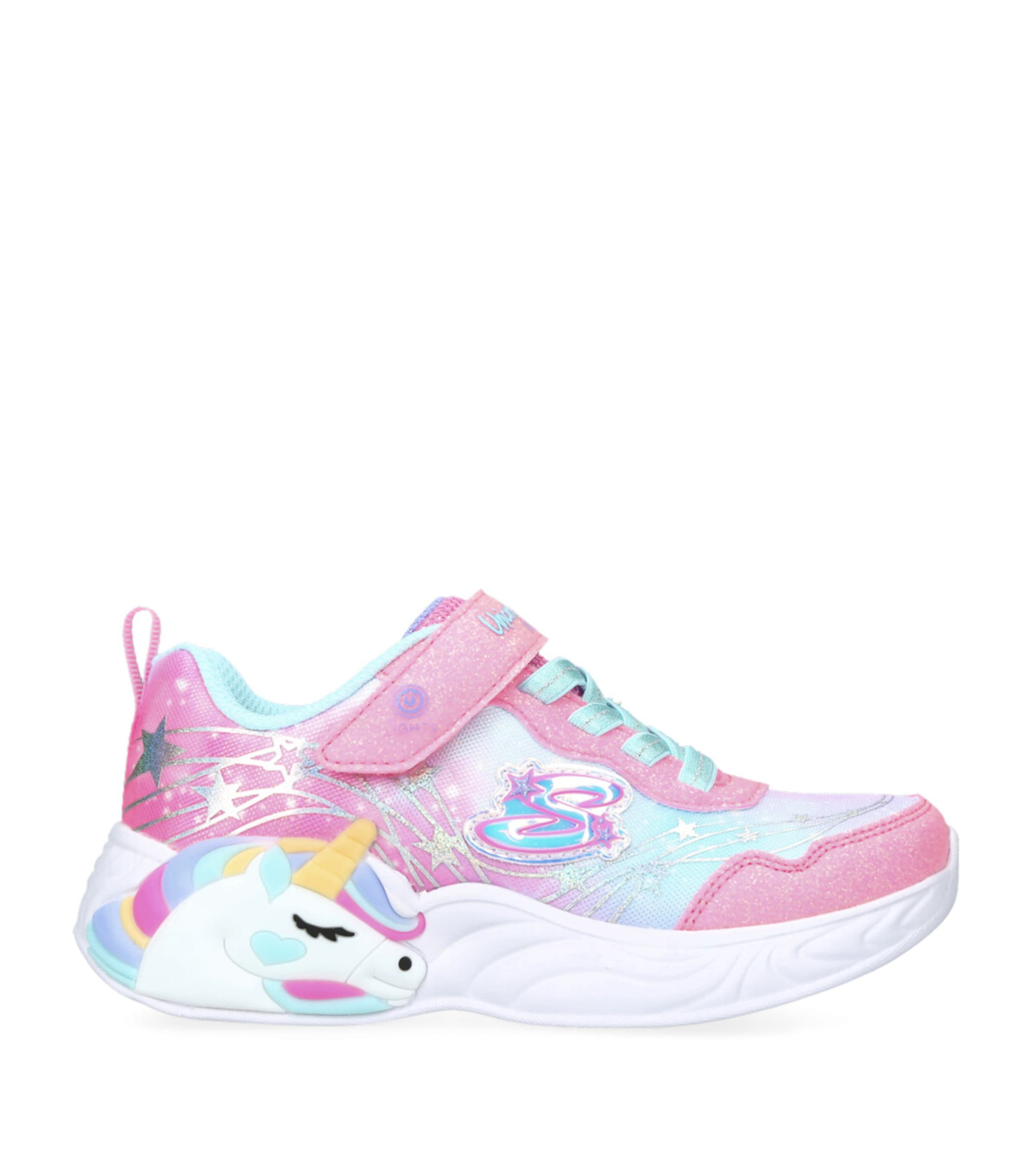 Skechers Kids' Little Girls S Lights- Unicorn Dreams Stay-put Closure Light-up Casual Sneakers From Finish Line In Pink,turquoise