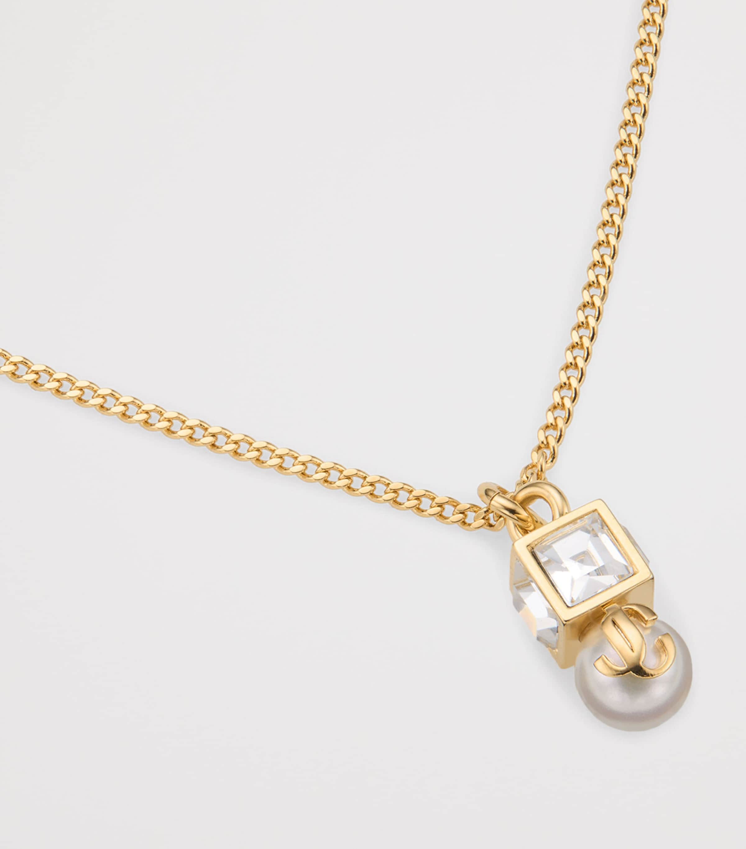 Jimmy Choo Faux Pearl Cube Logo Pendant Necklace Gold/white/crystal Image 3