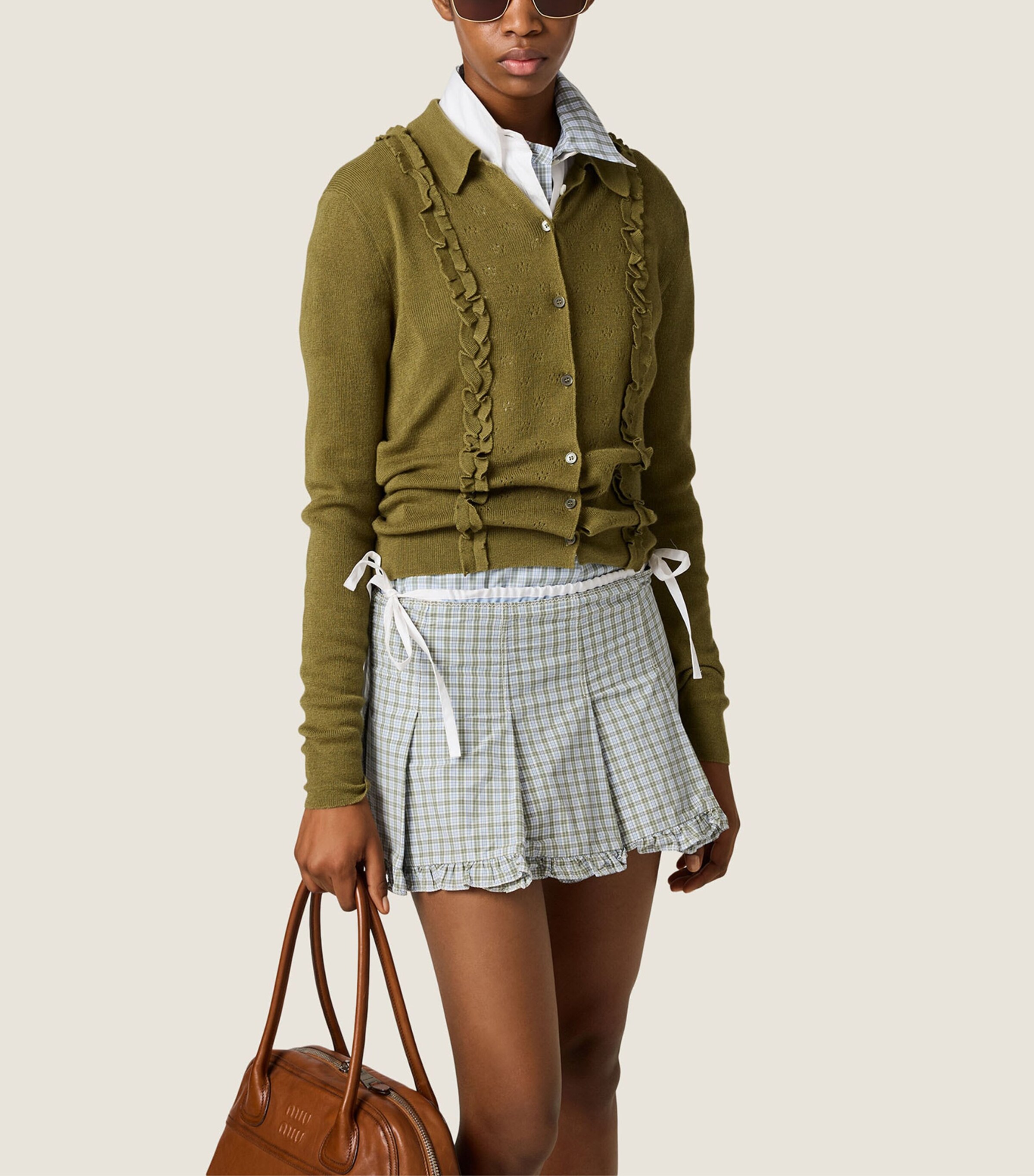 Miu Miu Womens Cashmere-Silk Ruffled Cardigan Green Image 2