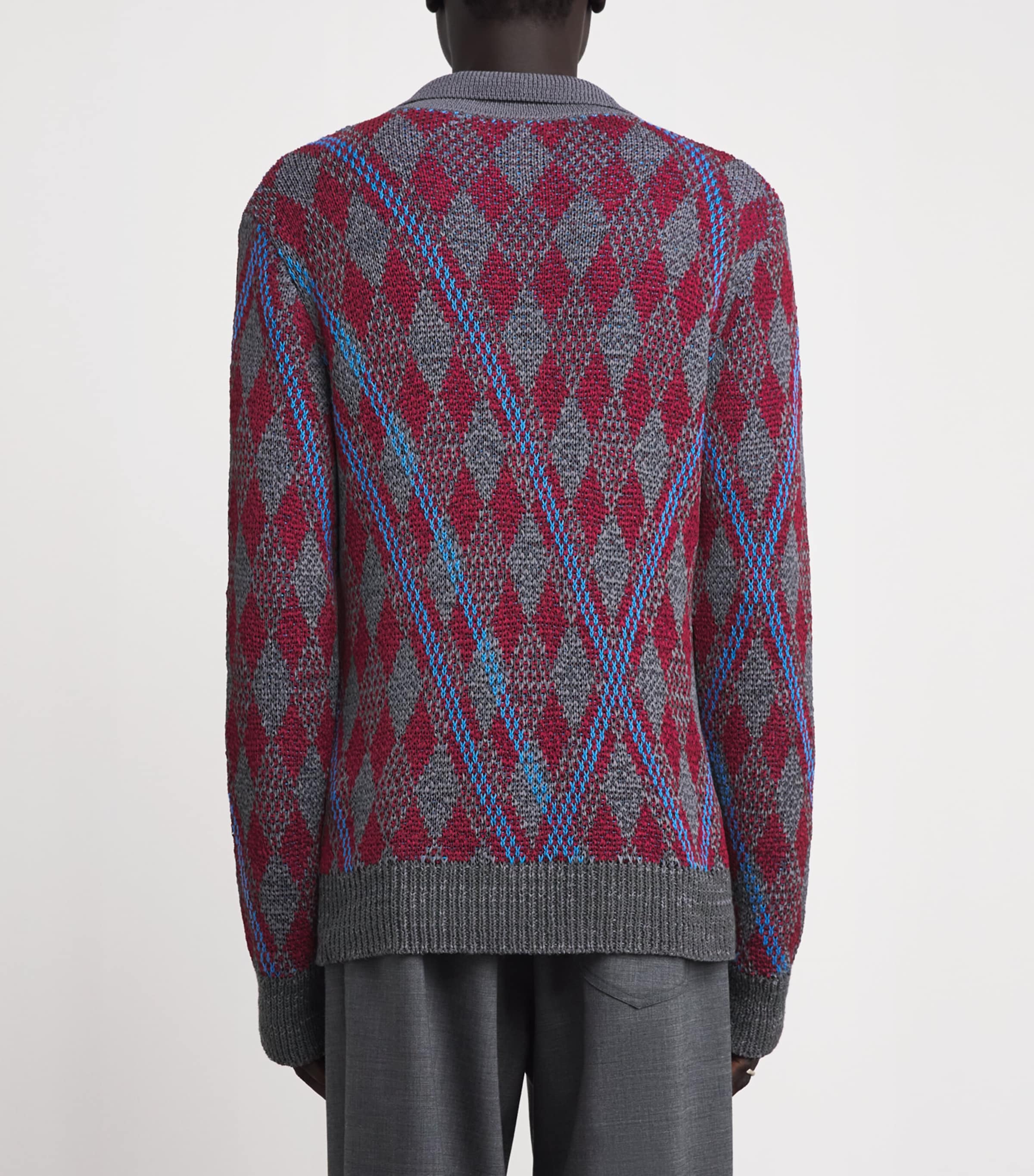 DRIES VAN NOTEN Mens Argyle Open-Collar Sweater Grey Image 5