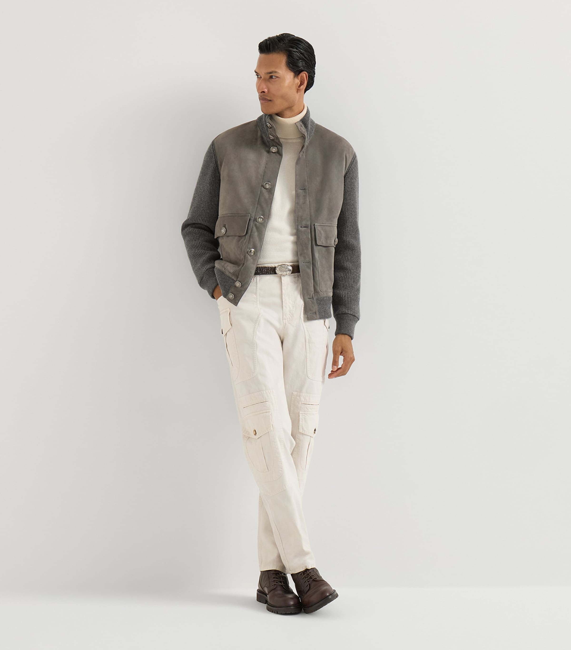 Brunello Cucinelli Mens Cotton-Suede Hybrid Bomber Jacket Image 3