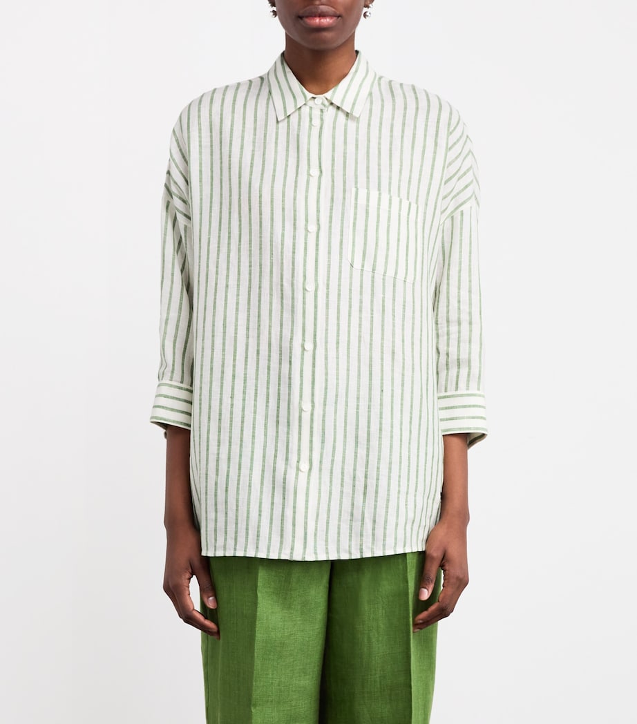 Linen Cropped-Sleeve Stripe Shirt GREEN Image 3