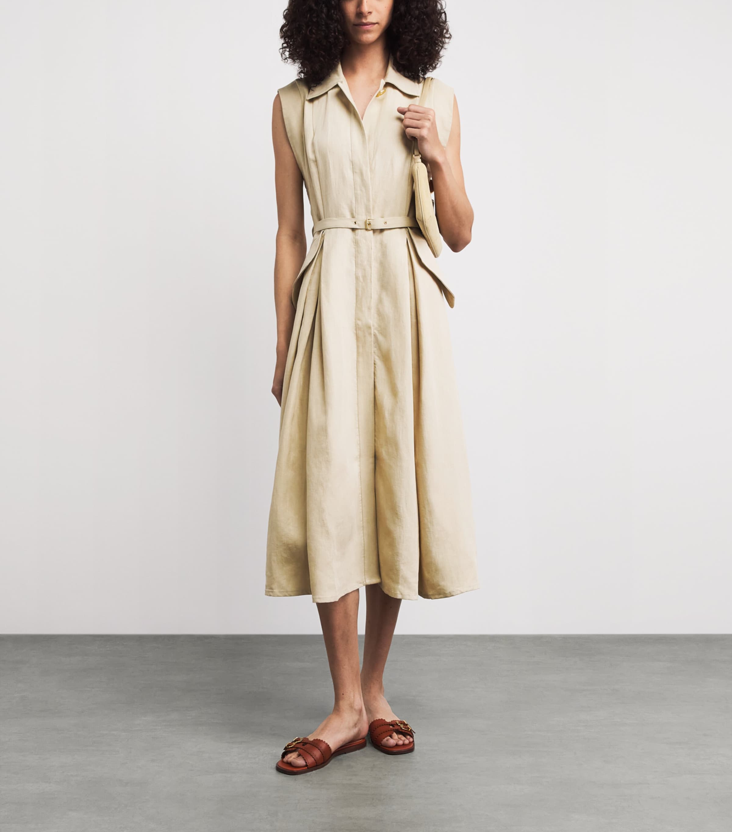 Le Kasha Womens Linen Belted Belek Midi Dress Beige Image 2