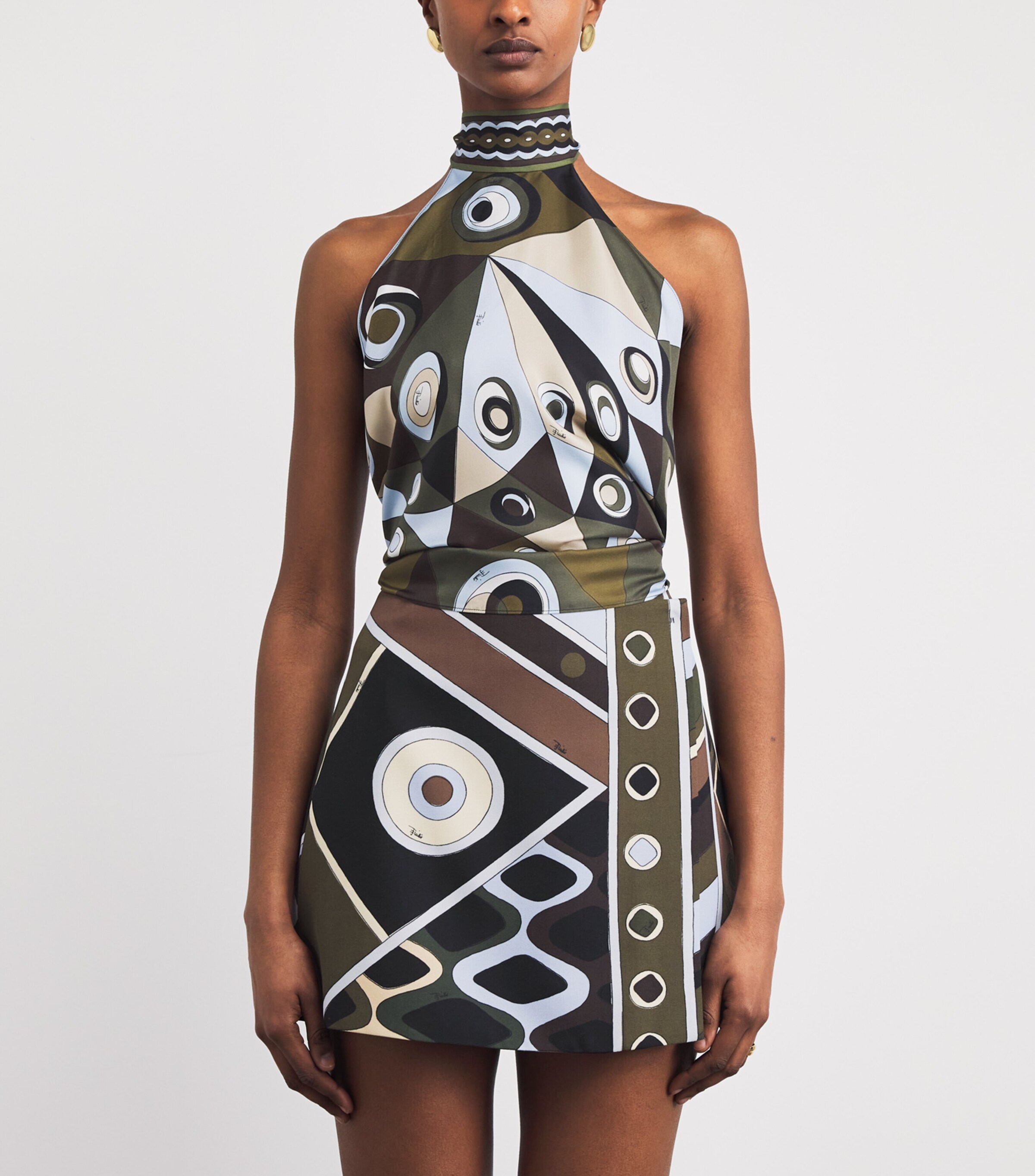 PUCCI Womens Silk Occhi Print Halterneck Top Khaki Image 4