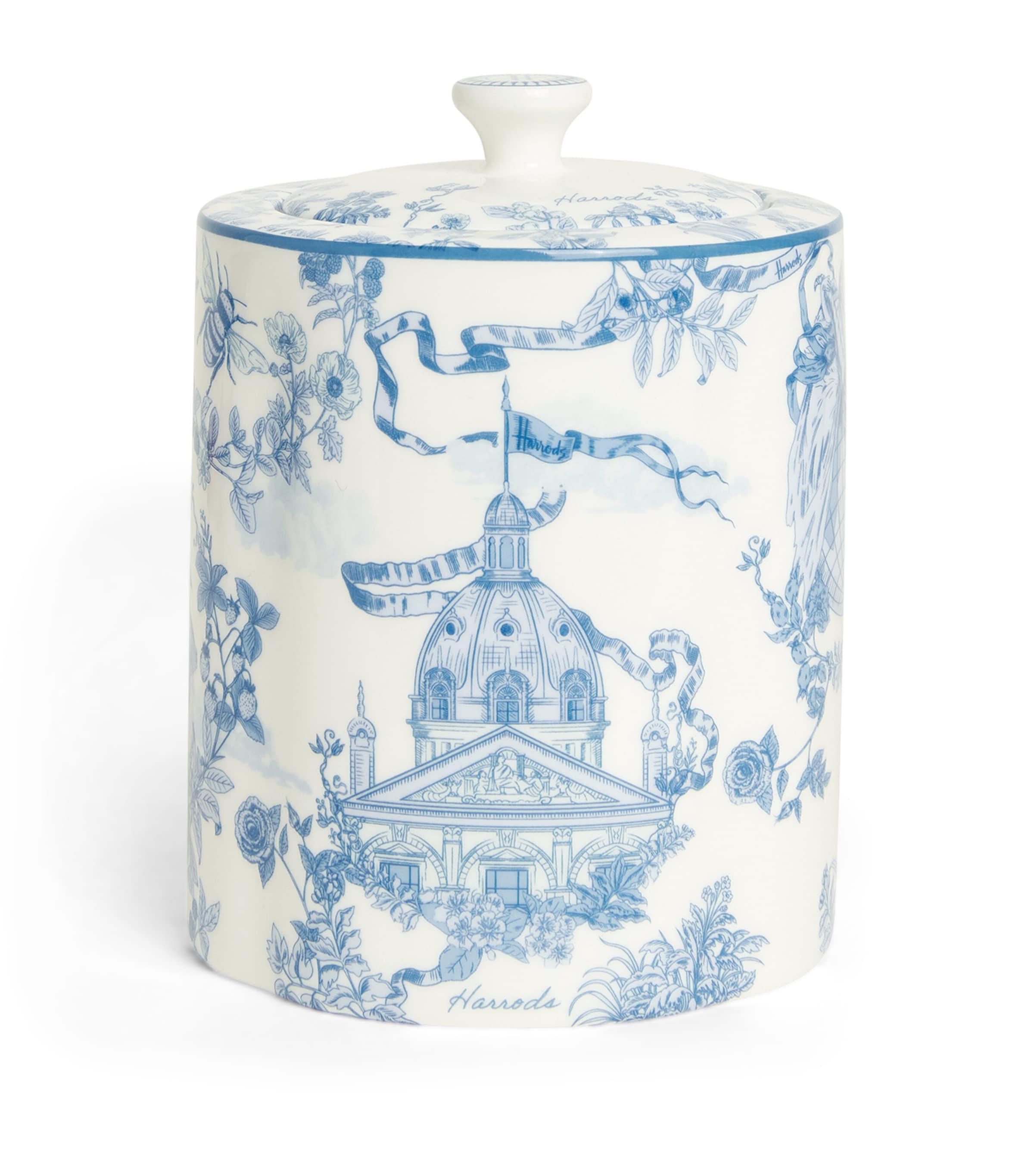 Harrods Bone China Toile Tea Canister In Blue