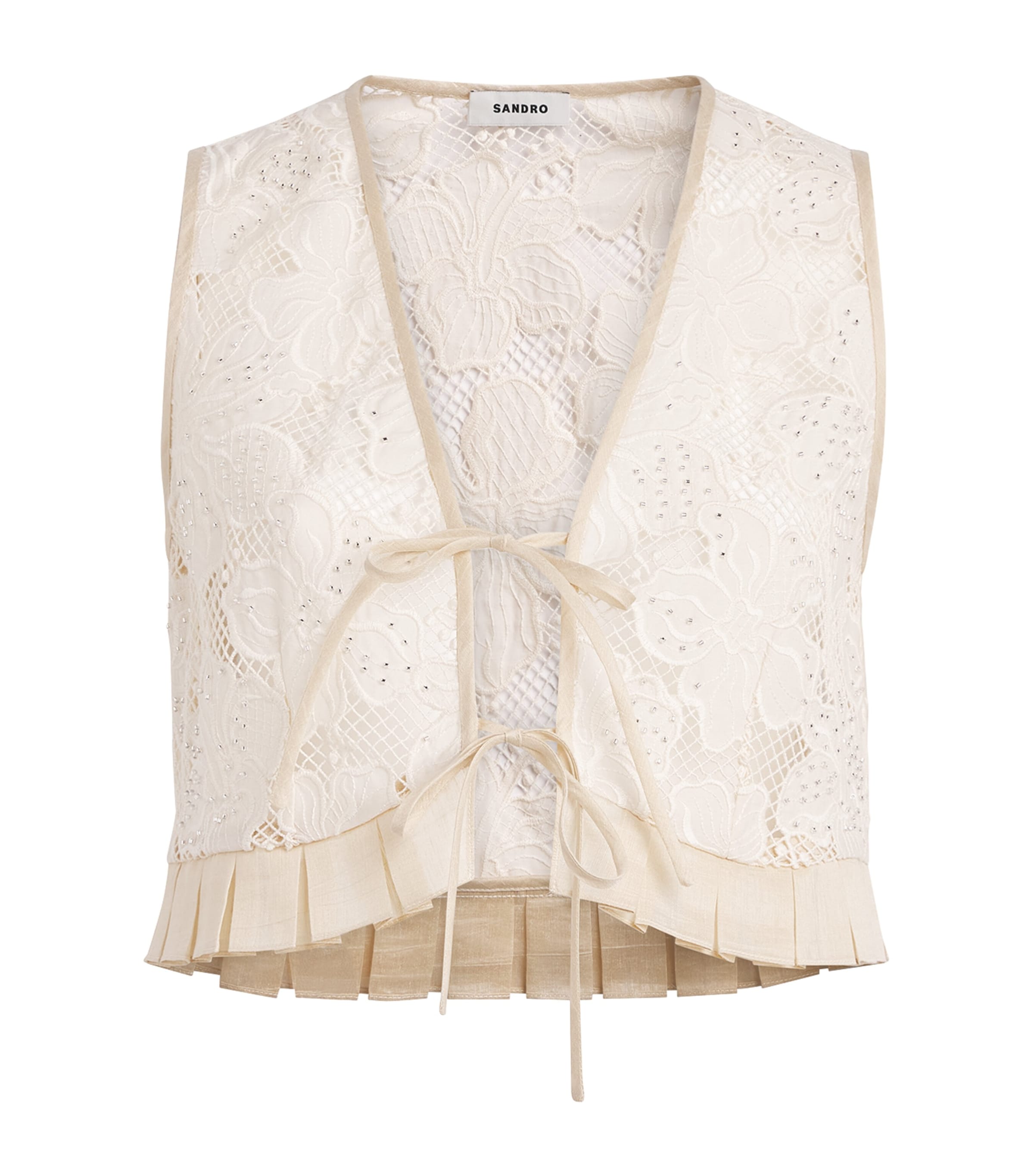 Sandro Paris Womens Guipure Lace Embellished Crop Top Ecru Image 1