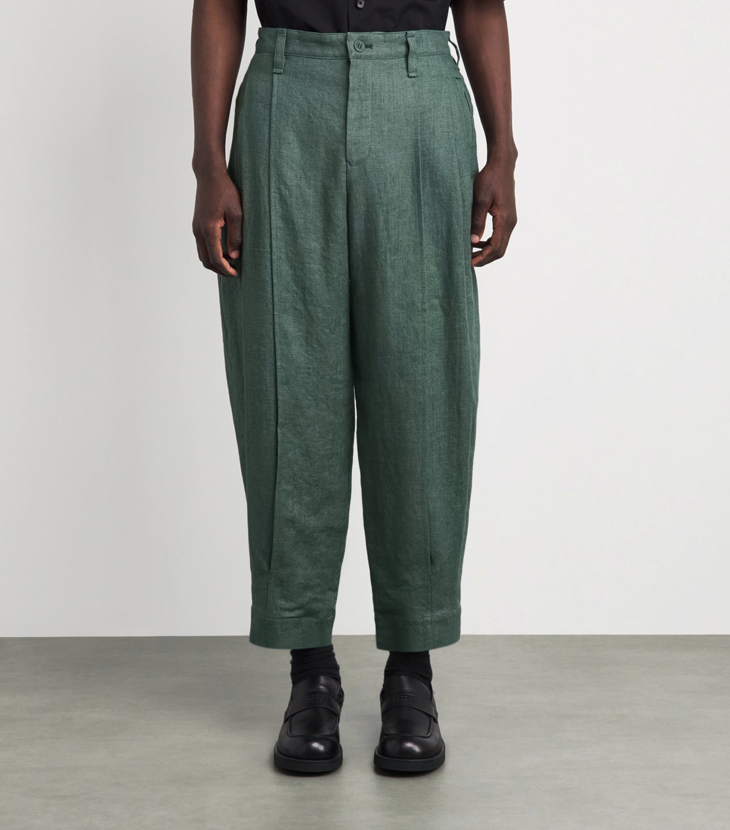 IM MEN Mens Tough Linen Pleated Trousers Dark Green Image 4