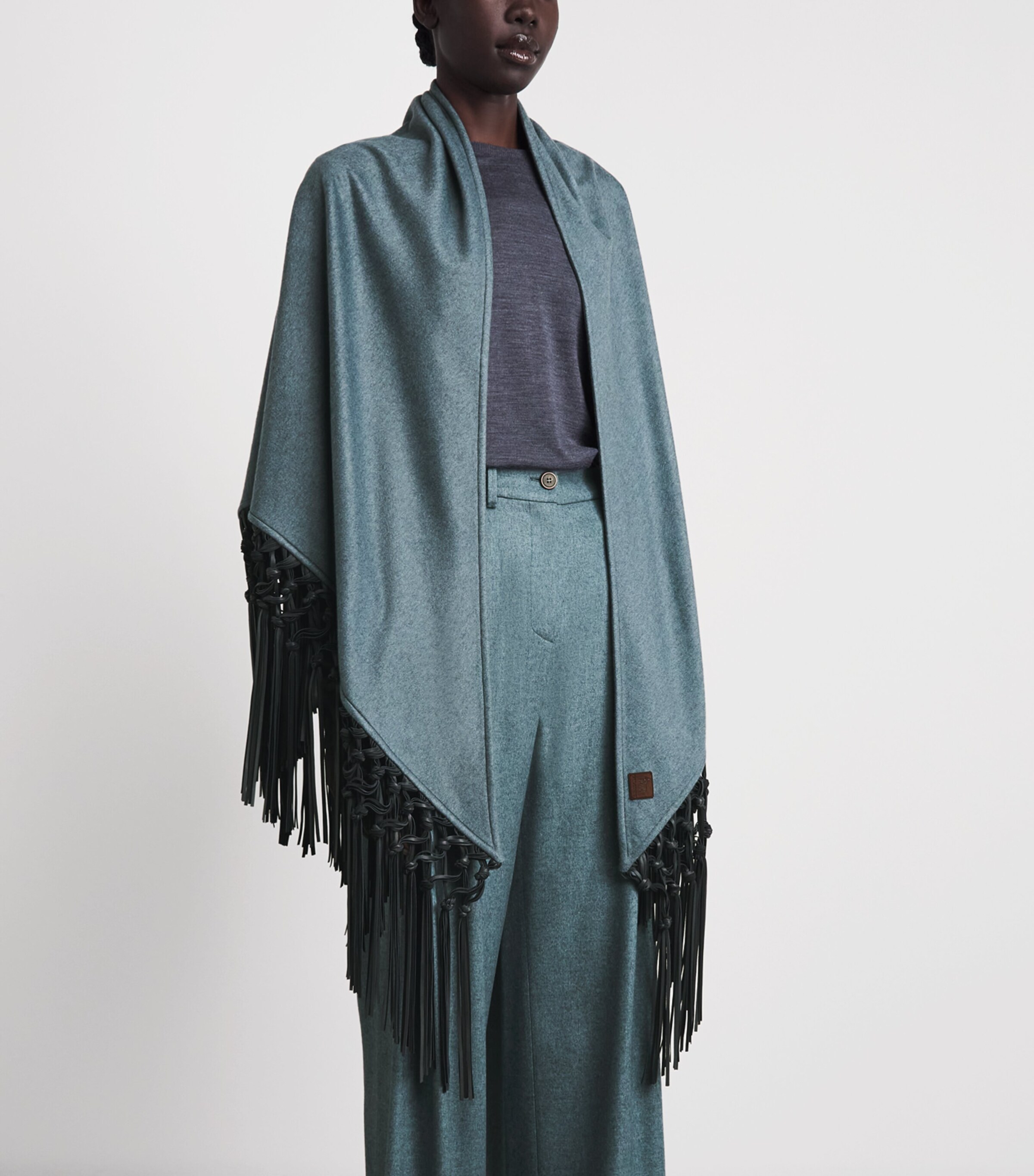 Colombo Womens Cashmere and Leather Fringe-Trim Cape Light Blue Image 4