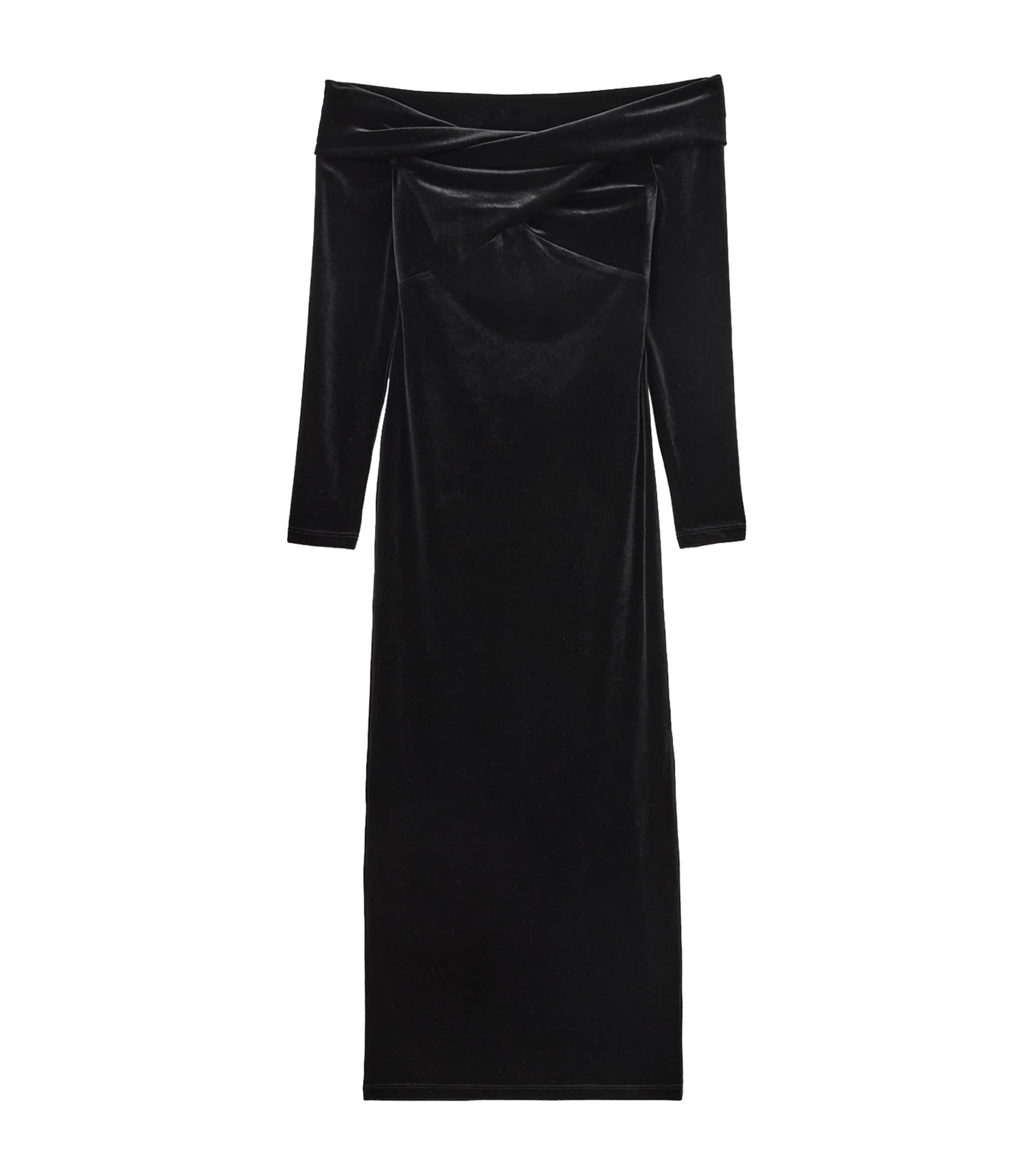Allsaints Womens Delta Off-shoulder Long-sleeve Stretch-velvet Midi Dress Black In Black