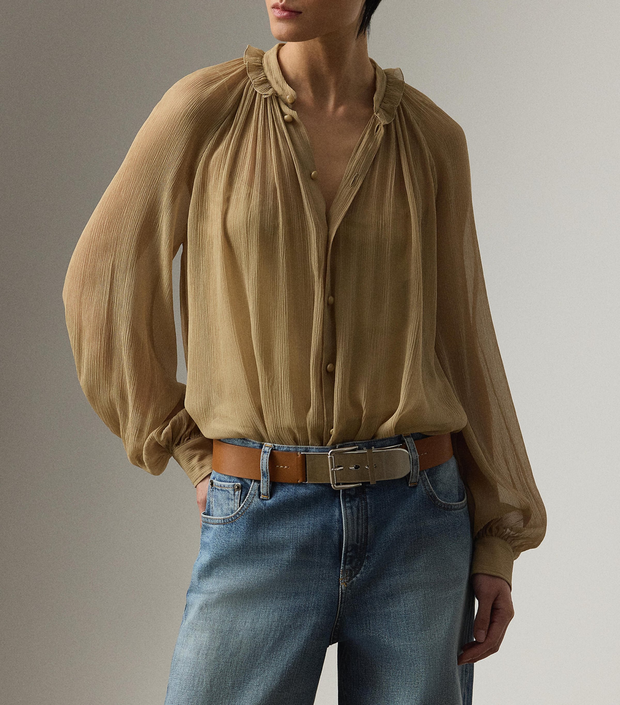 Silk Gathered Blouse TAN Image 5