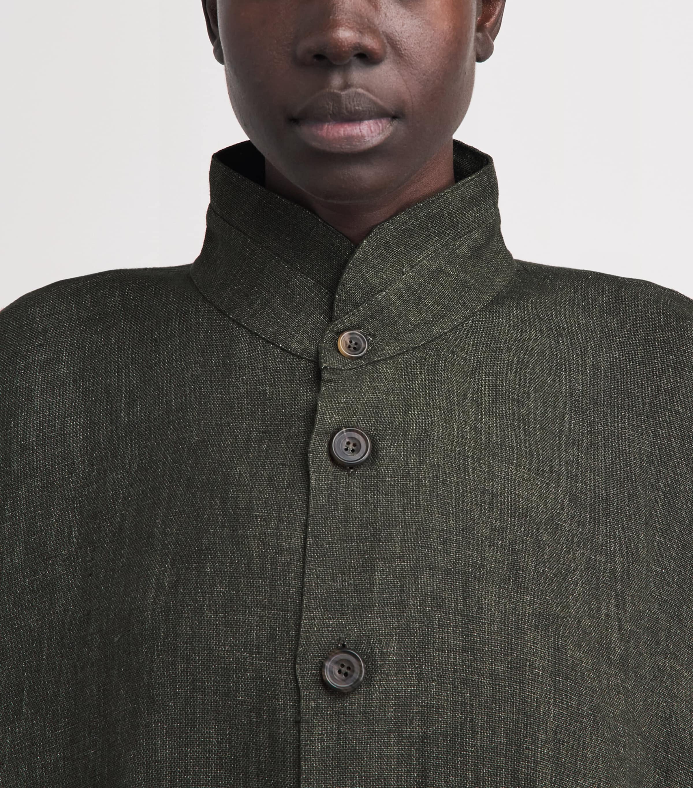 Eskandar Womens Linen Double Stand-Collar Longline Jacket Olivedark Image 3