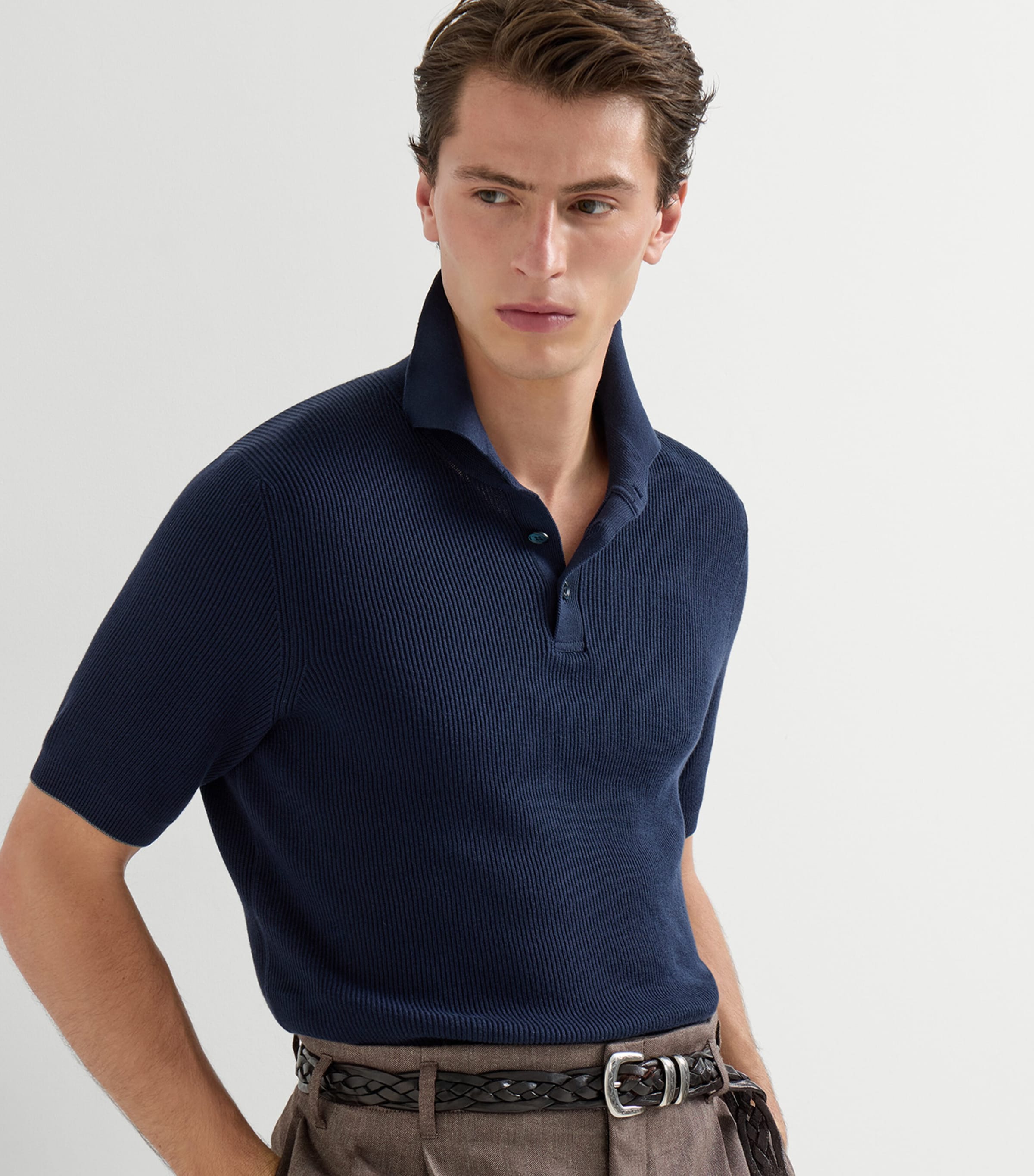 Brunello Cucinelli Mens Cotton Rib-Knit Polo Shirt Image 4