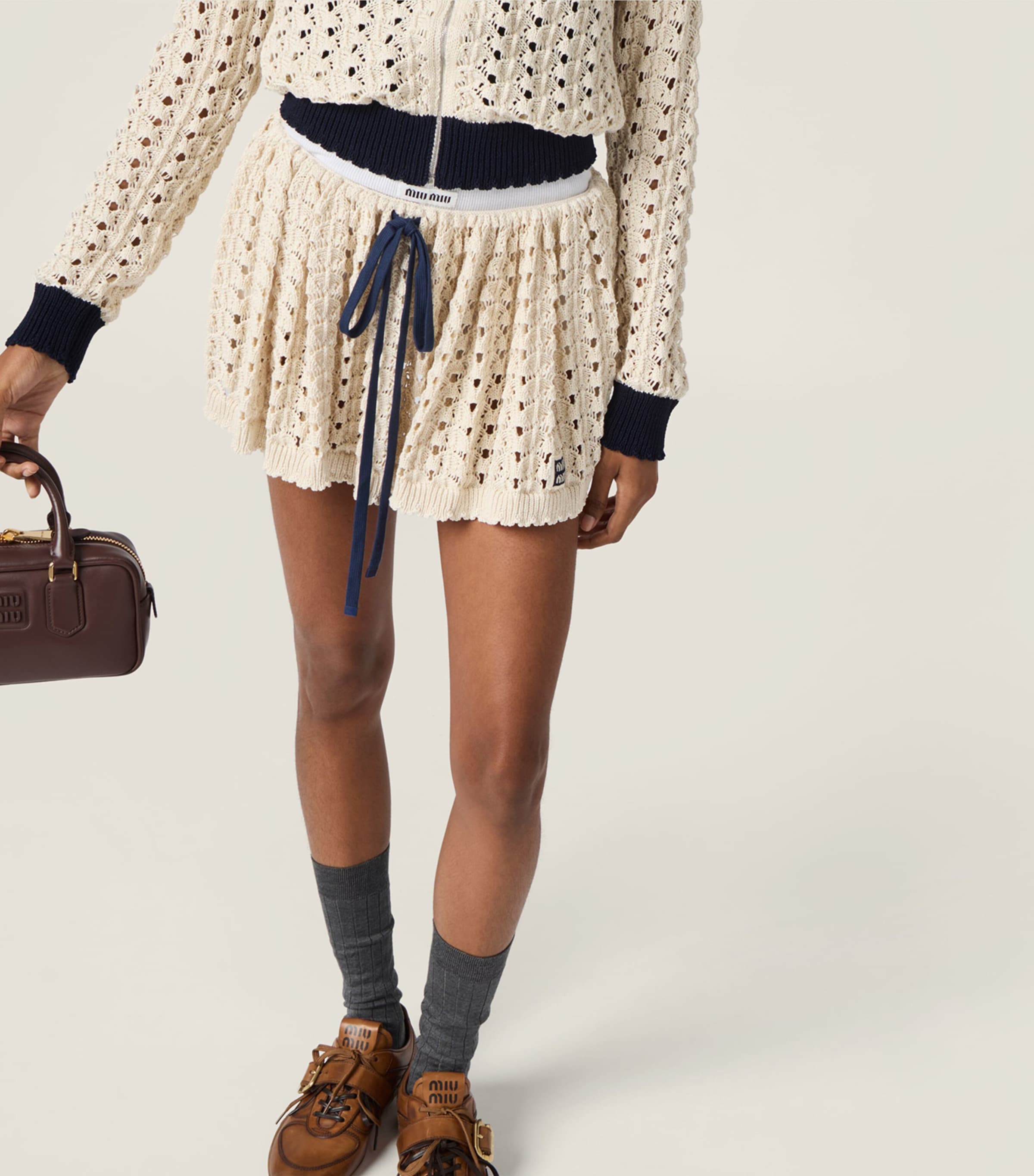 Miu Miu Womens Cotton Openwork-Knit Mini Skirt Neutral Image 4