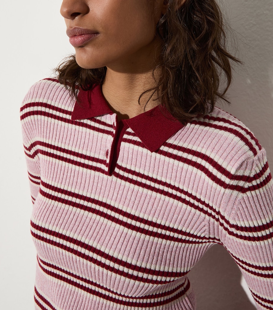 Rib-Knit Stripe Polo Sweater RED Image 5