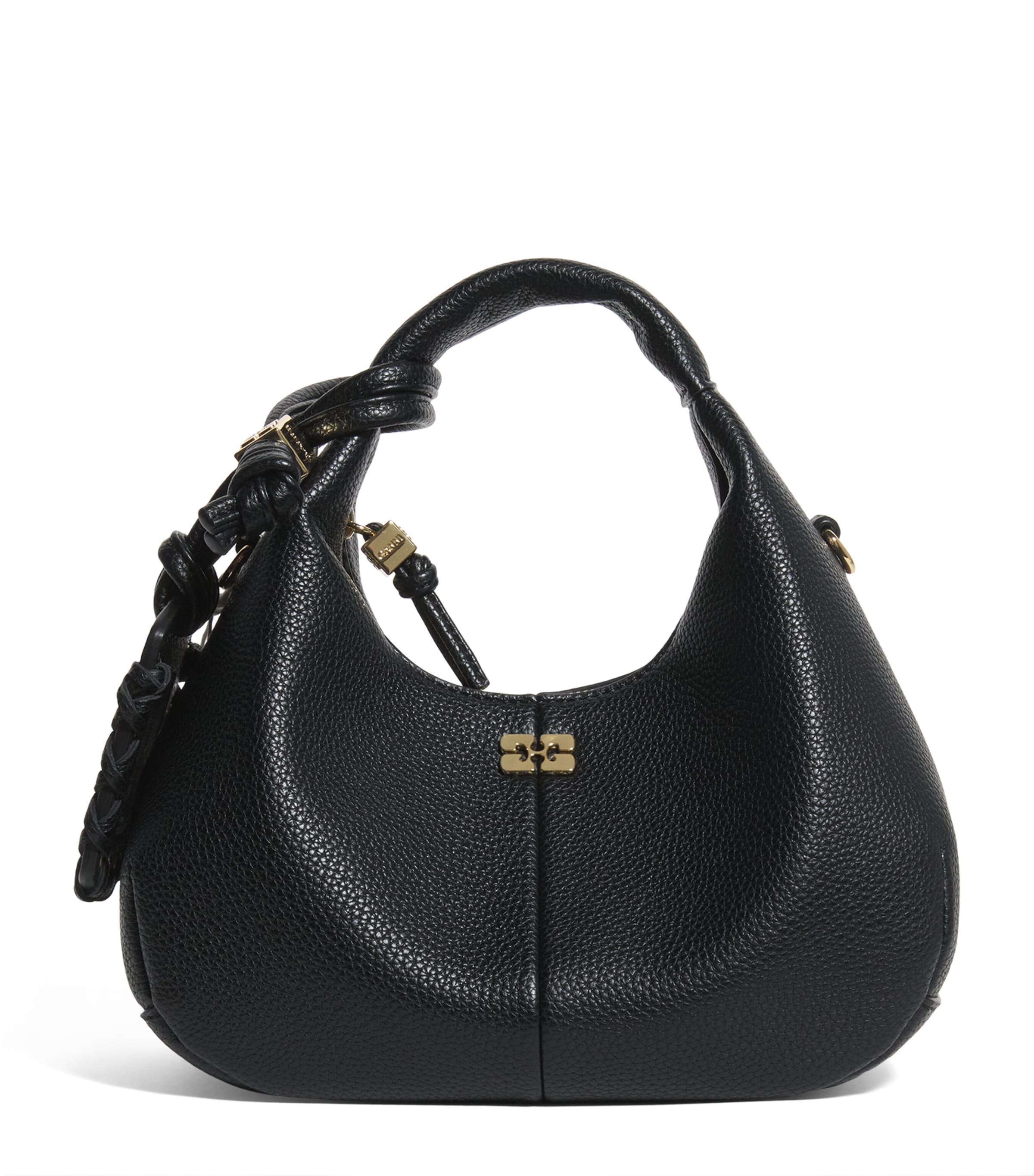 Ganni Black Leather Hobo Mini Grained Top Handle Bag In Black