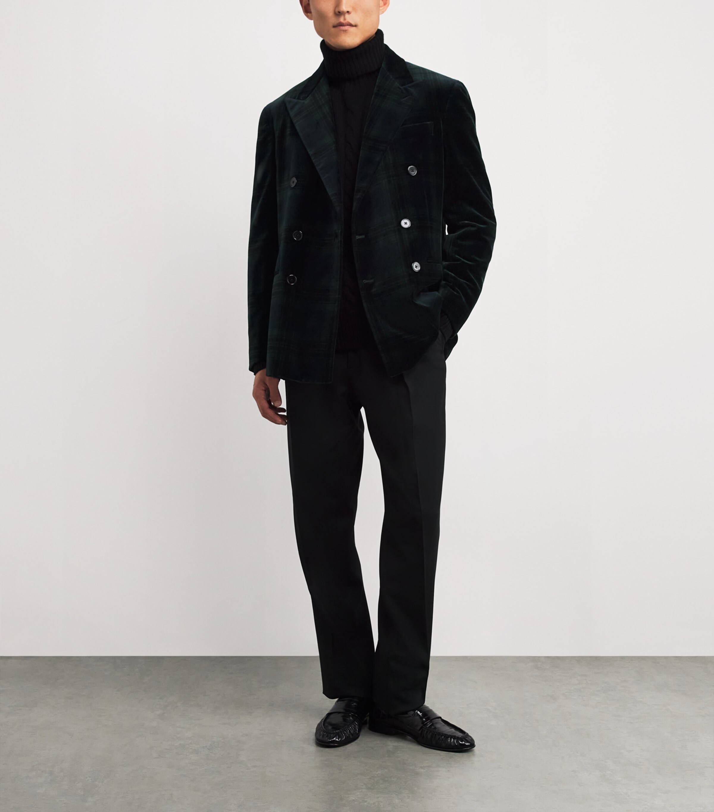 Cotton Velvet Tartan Double-Breasted Blazer GREEN Image 2