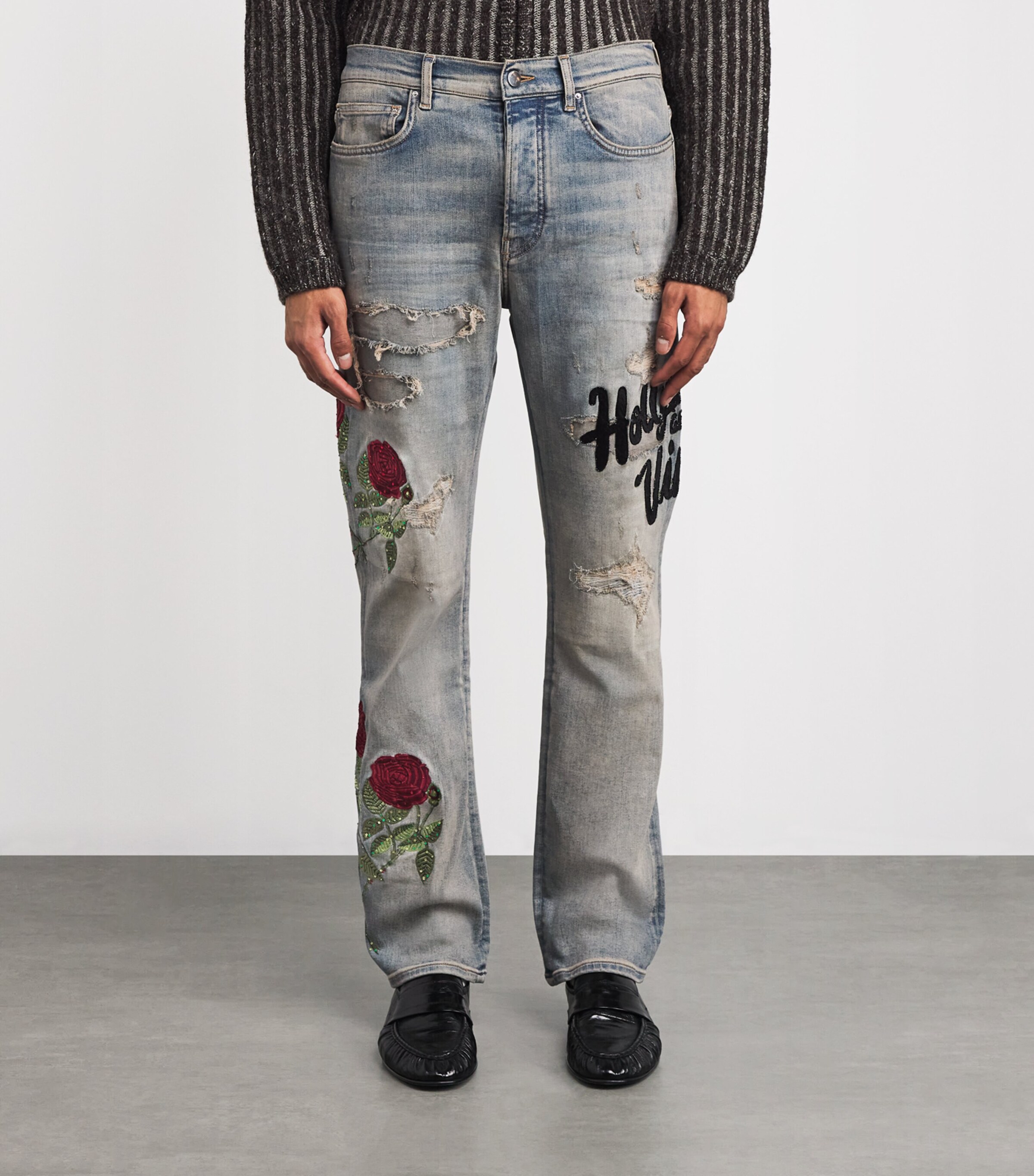 AMIRI Mens Floral Sequin Distressed Slim Jeans Antique Indigo Image 3
