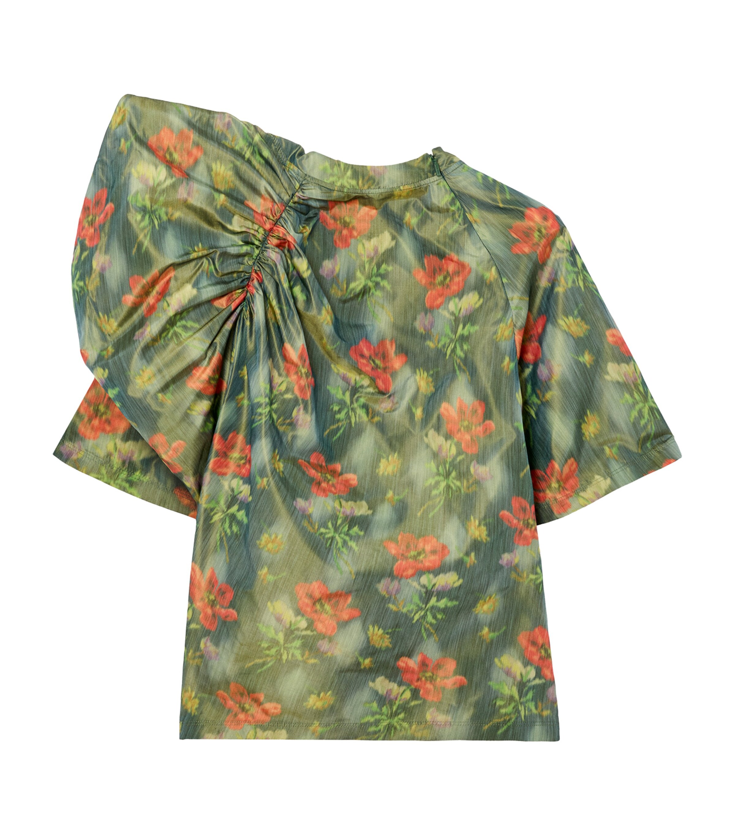 Floral Print Draped Top DARK GREEN/RED Image 2