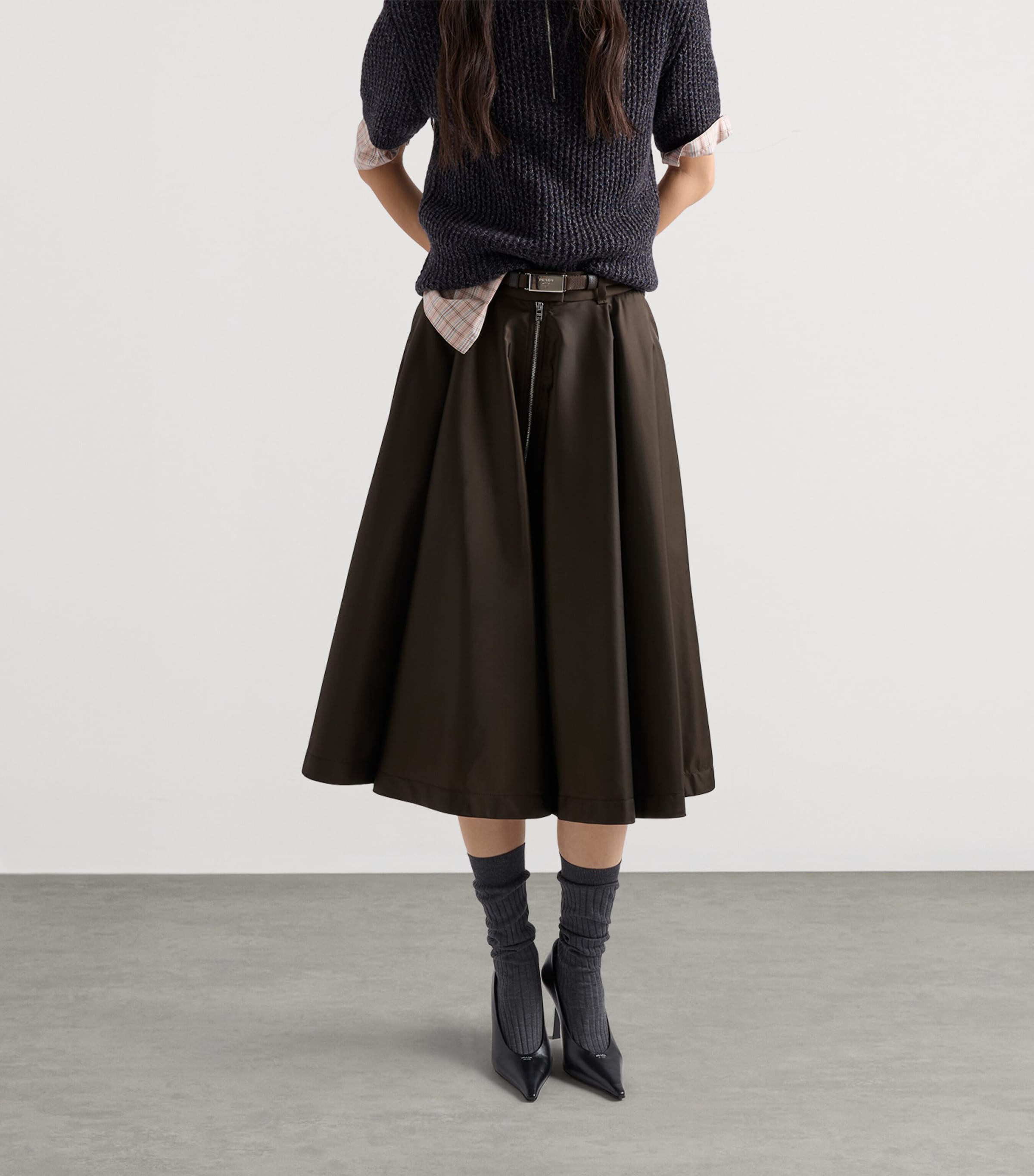 Prada Womens Re-Nylon Midi Skirt Brown Image 3