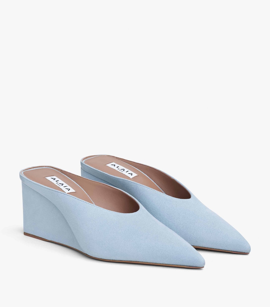 Suede Cube Wedge Mules 75 BLEU GLACIER Image 3
