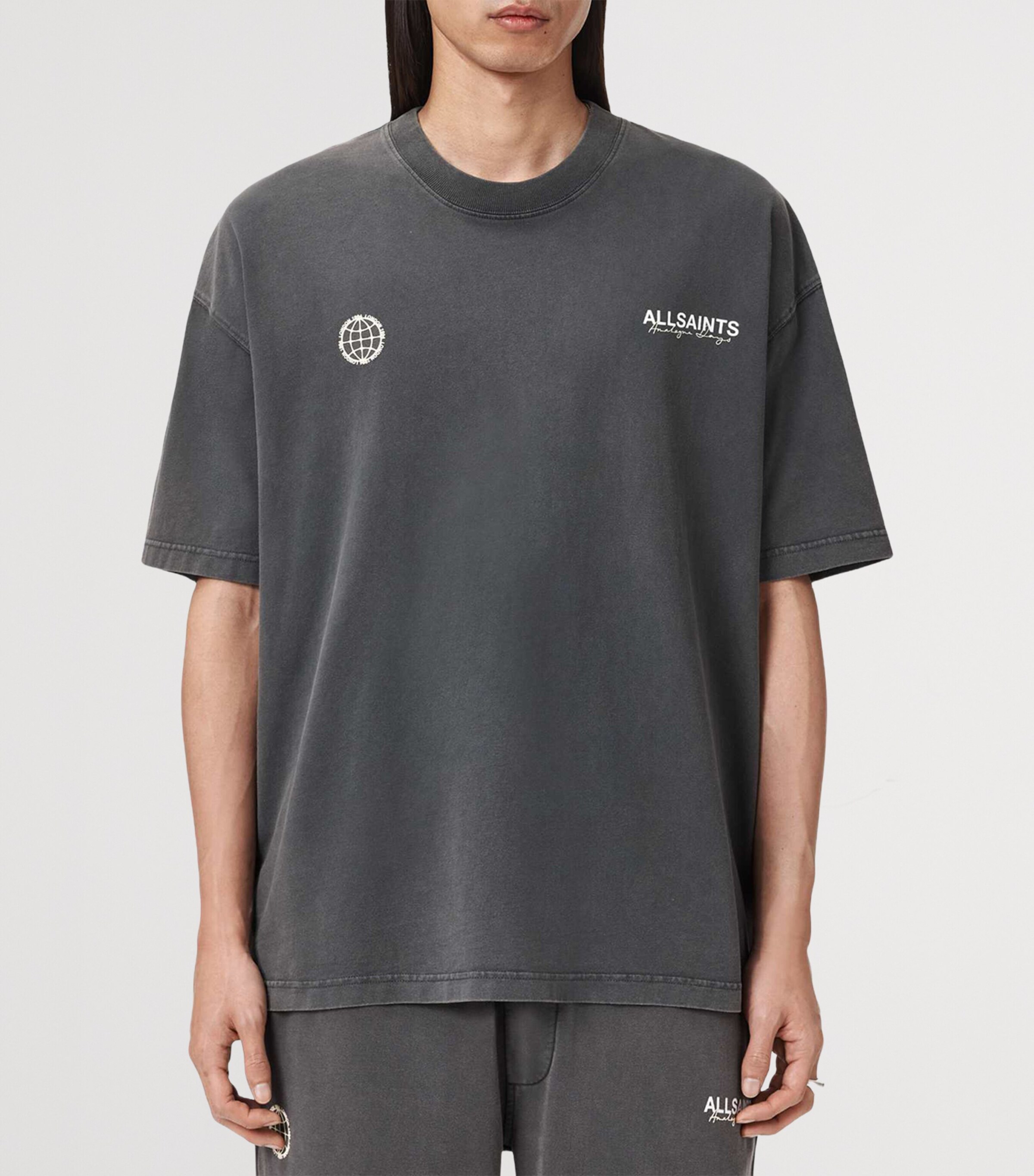 AllSaints Mens Organic Cotton Emblem Hoodie Washed Black Image 3