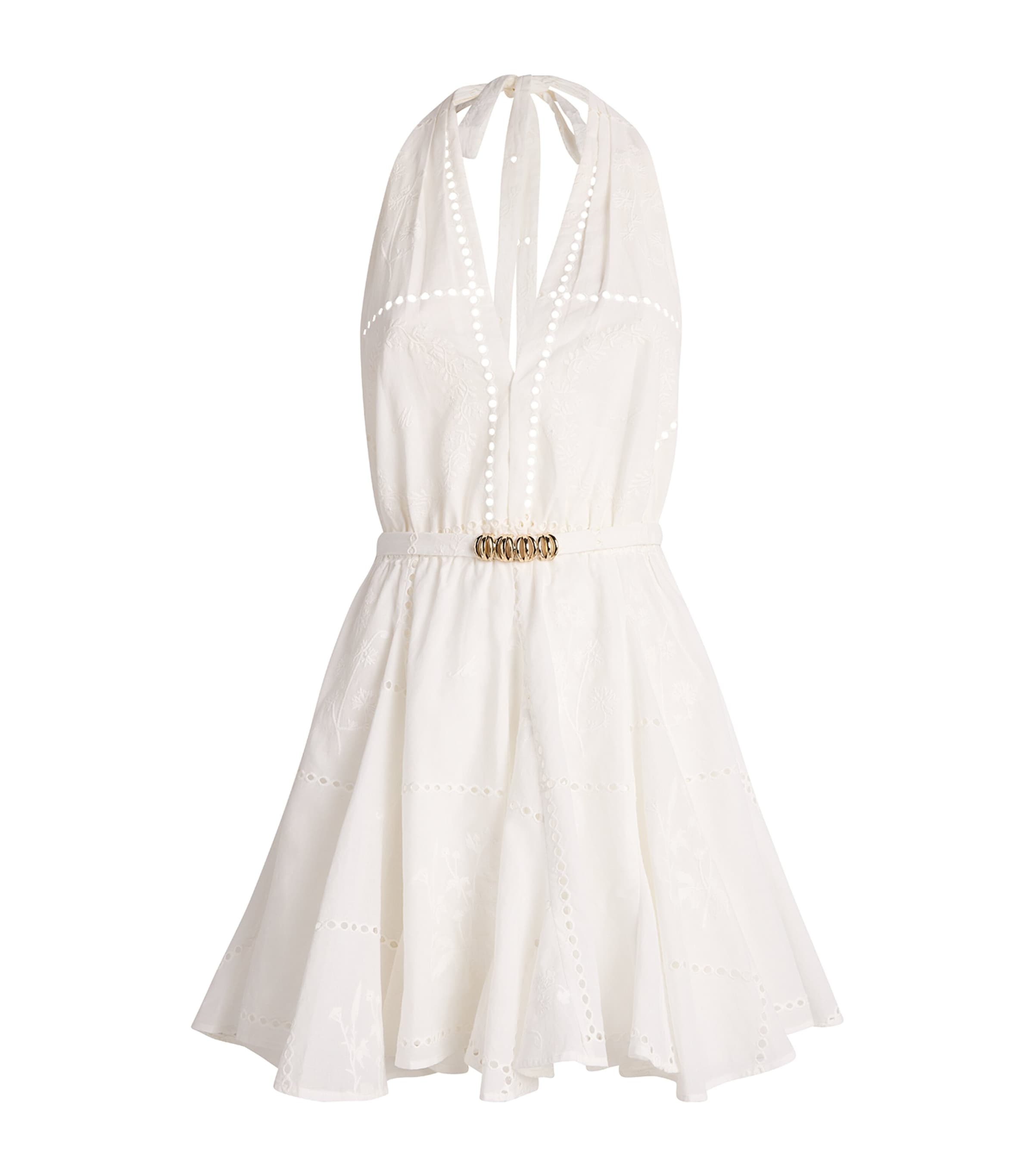 Maje Womens White Ring-embellished Halter-neck Embroidered Cotton Mini Dress In White