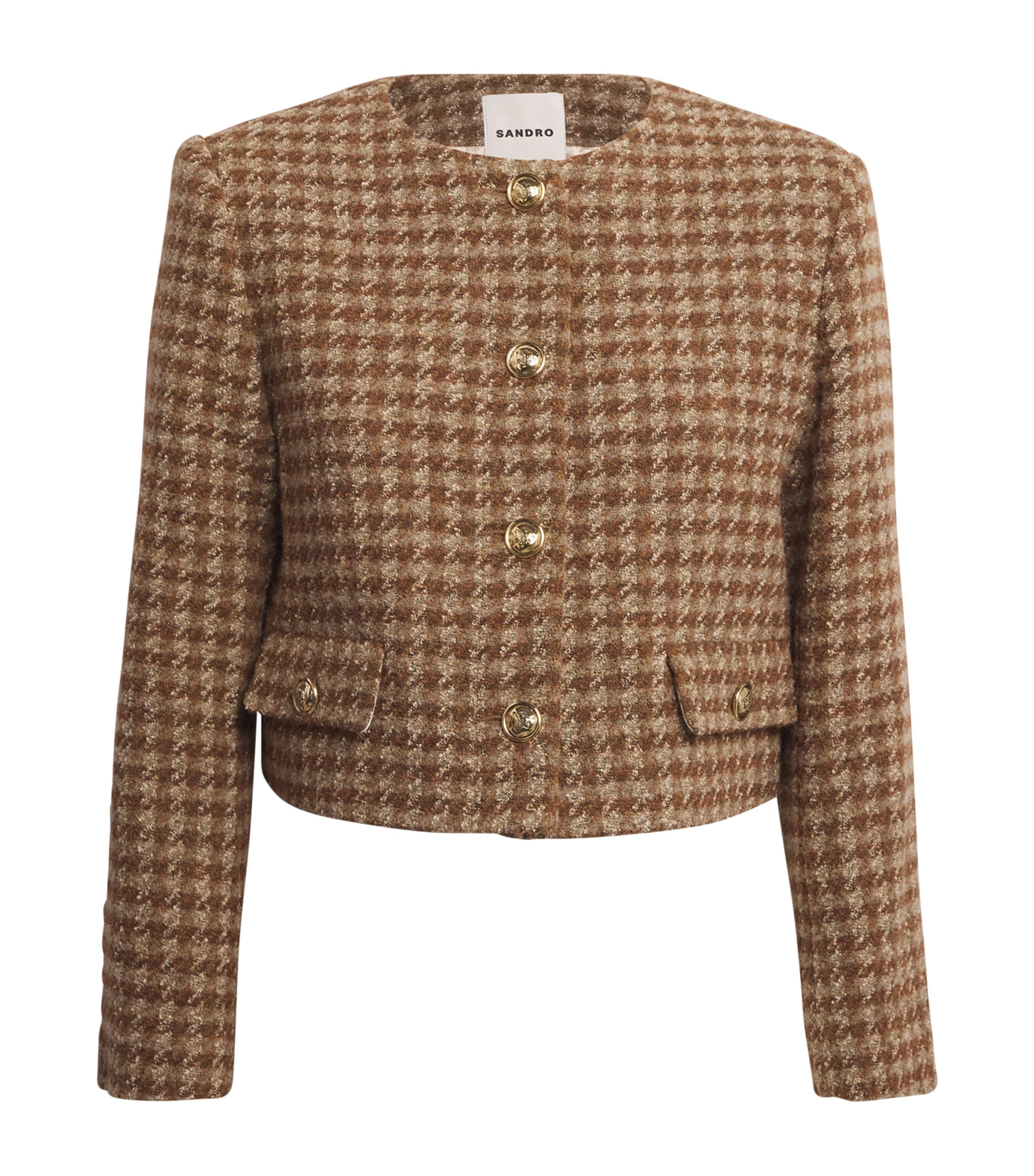 Sandro Cropped Houndstooth Blazer In Brown