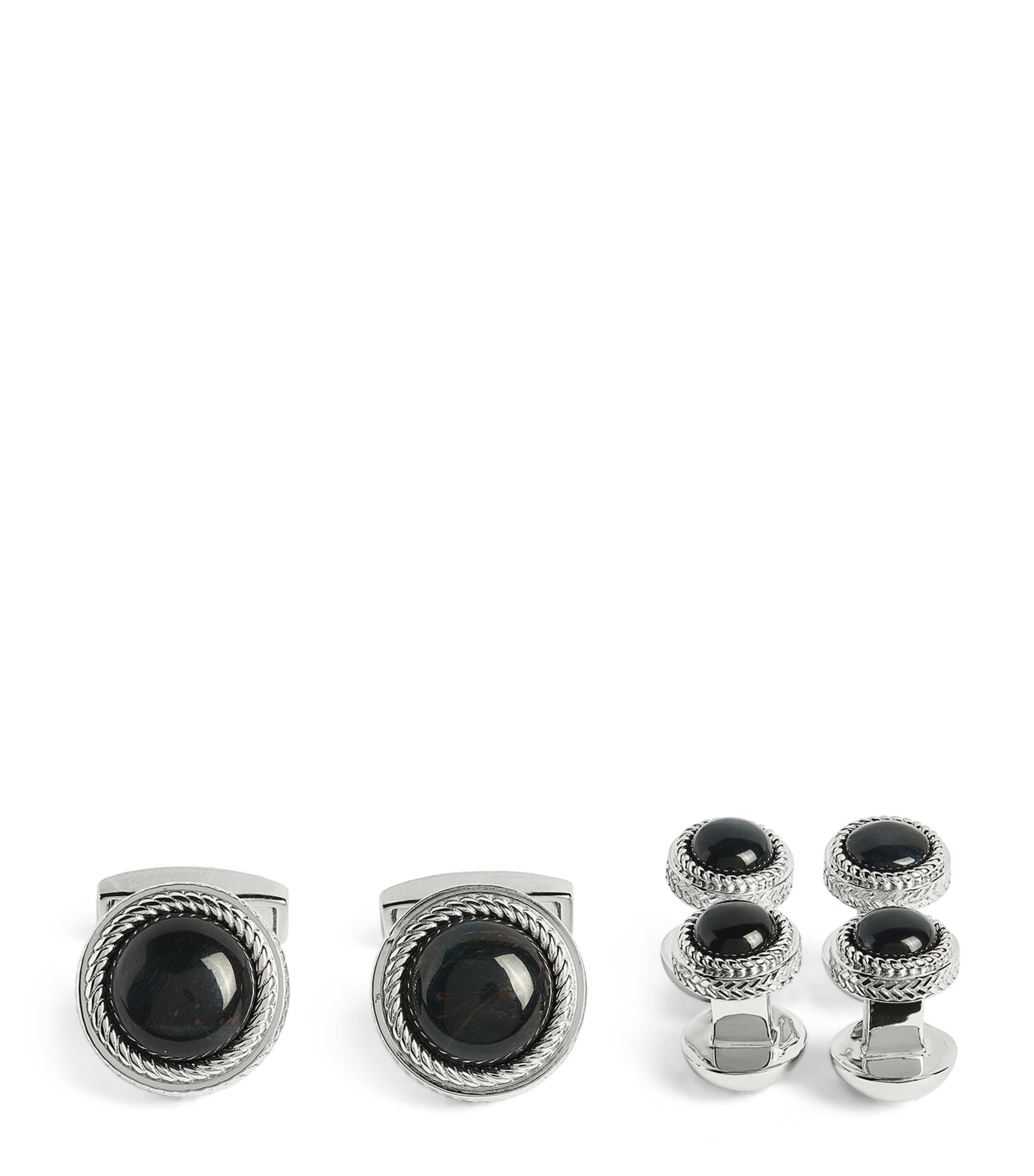 Tateossian Sterling Silver And Onyx Herringbone Cufflinks And Studs Set In Blue