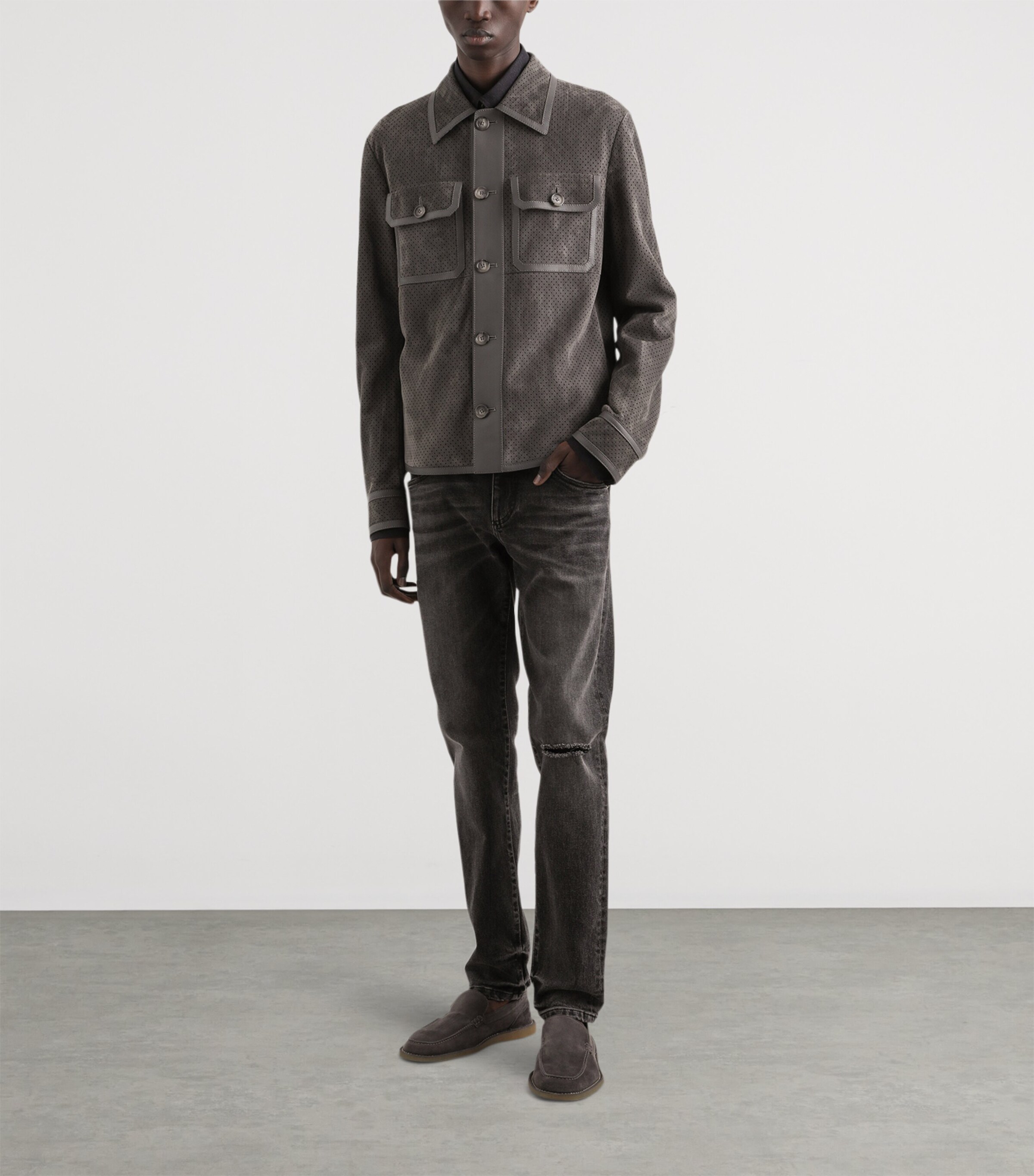 Lambskin Perforated Jacket N0352-ASH GREY Image 2