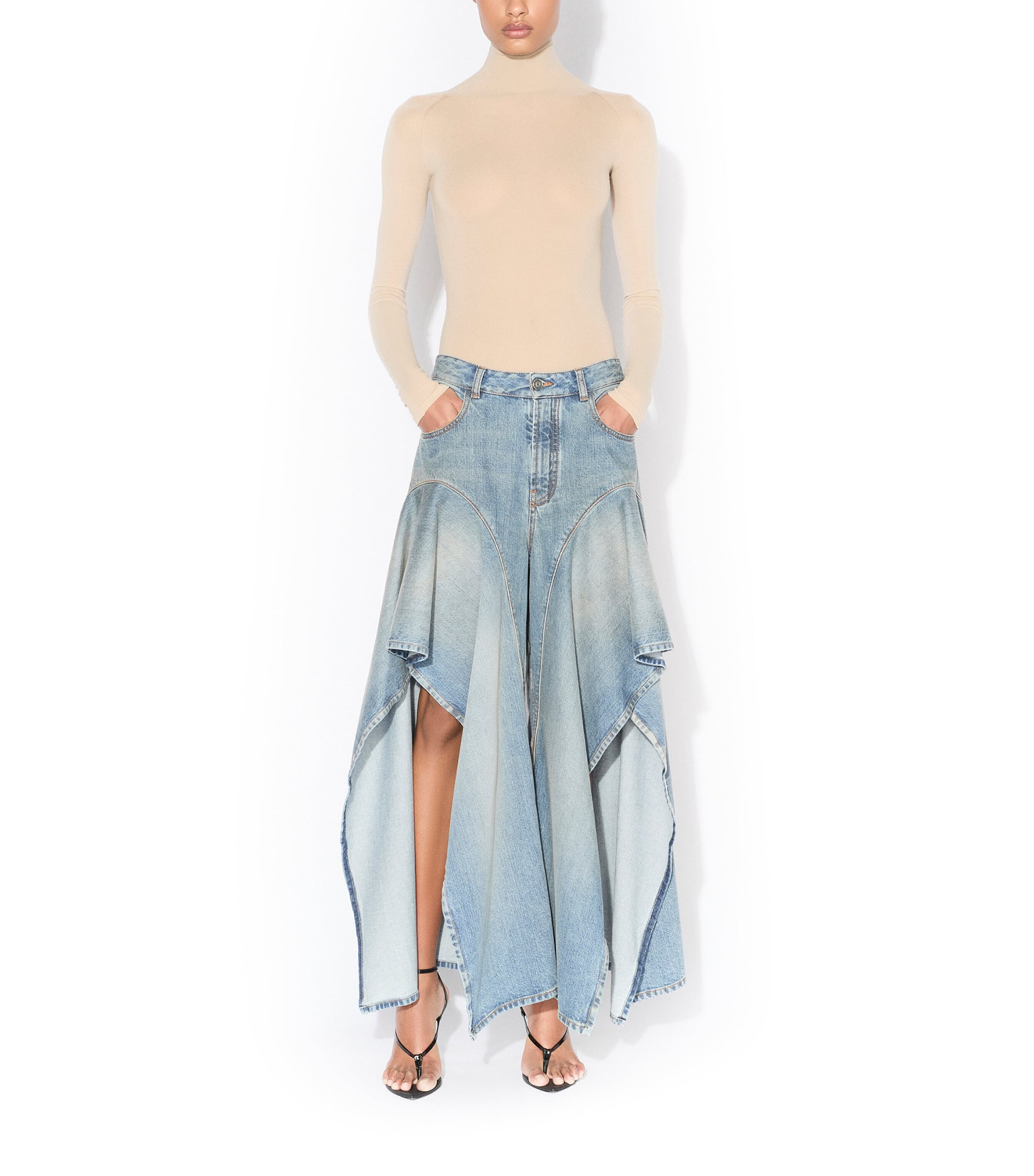 Alaïa Alaia Ruffled Wide-leg Jeans With Mid-rise Waist In Blue