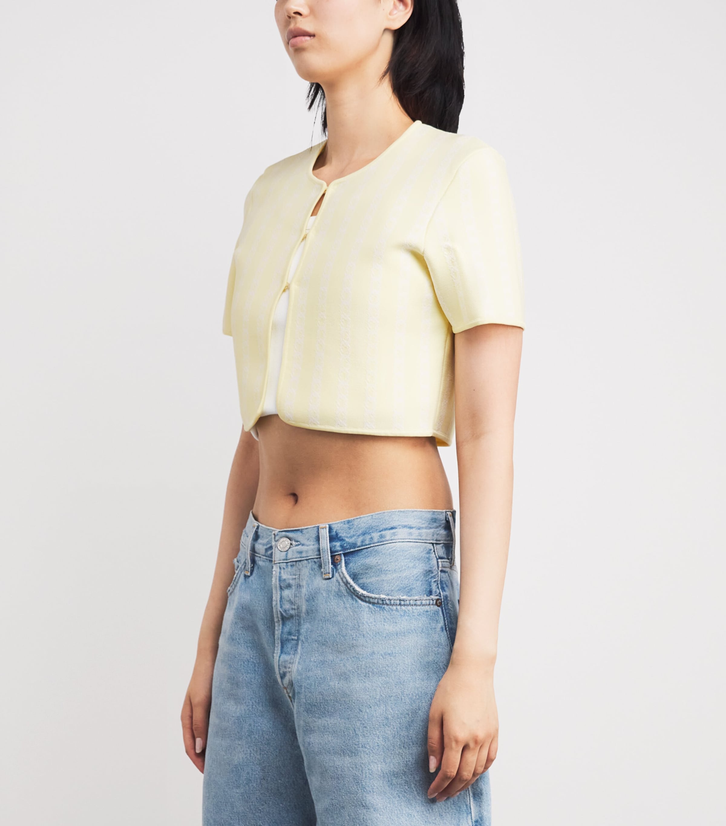 Jacquard Cropped Cardigan PALE YELLOW Image 3