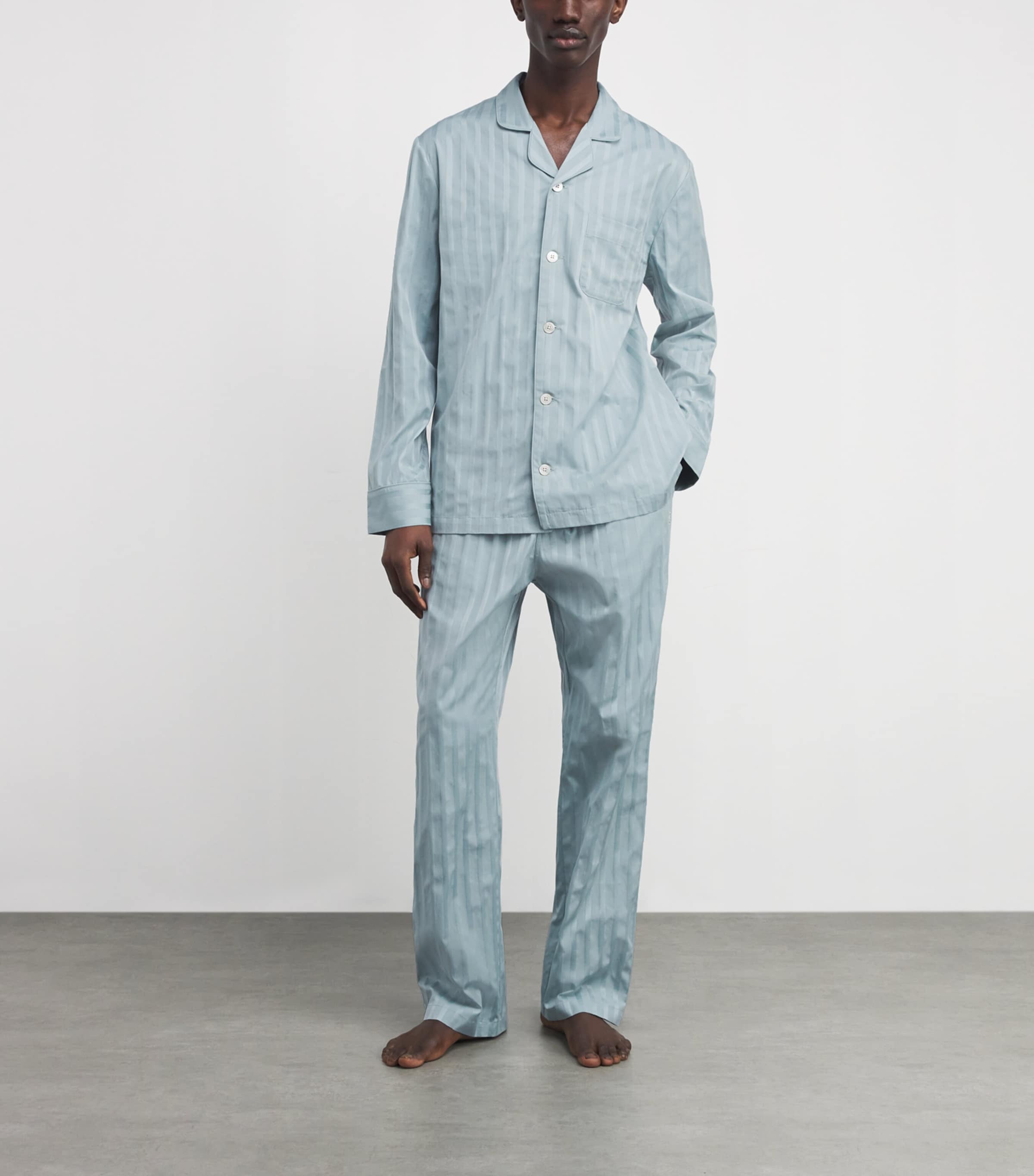 Harrods Mens Cotton Sateen Stripe Pyjama Set Green Image 2