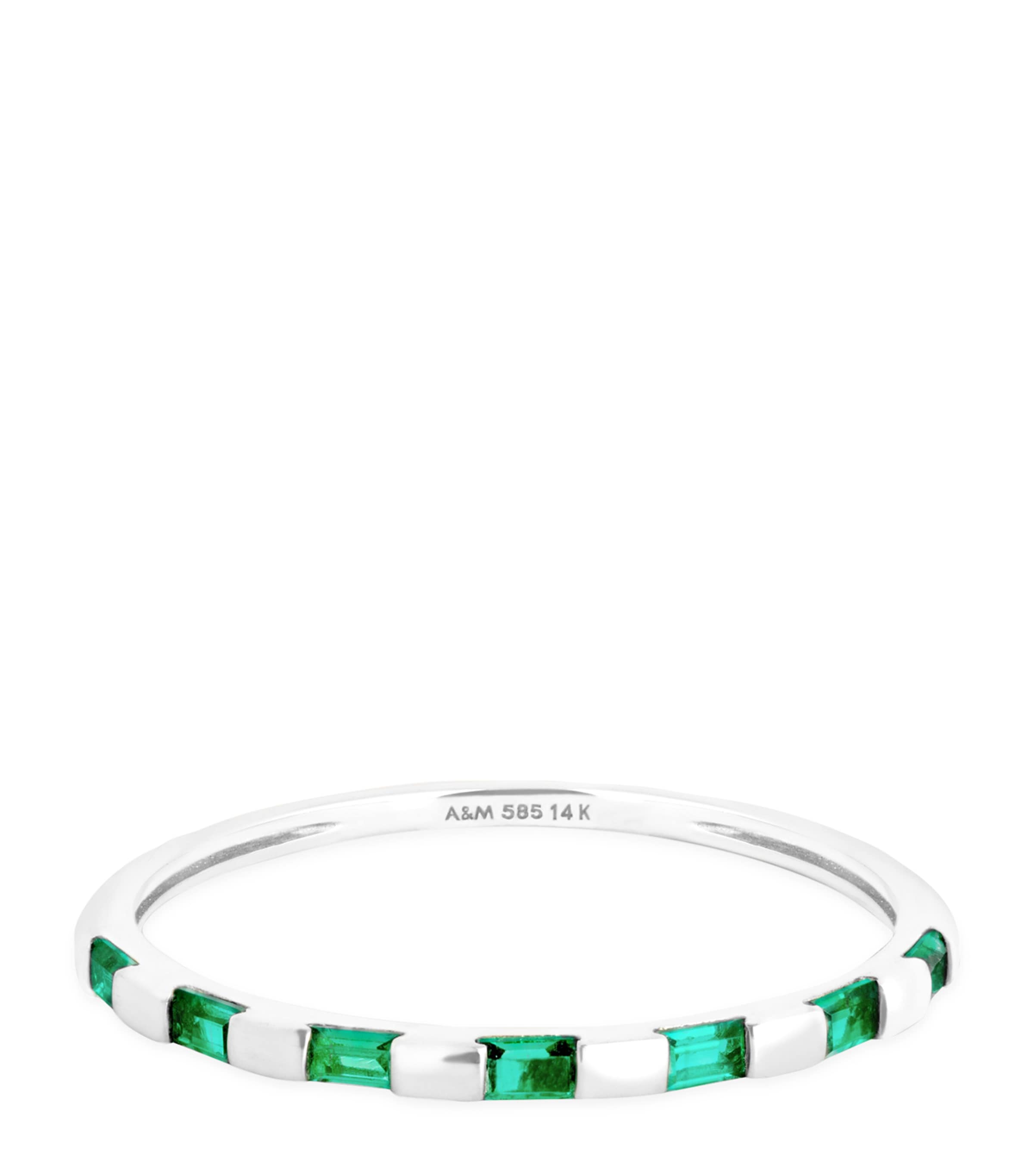 Shop Astrid & Miyu White Gold And Emerald Baguette Ring In Silver