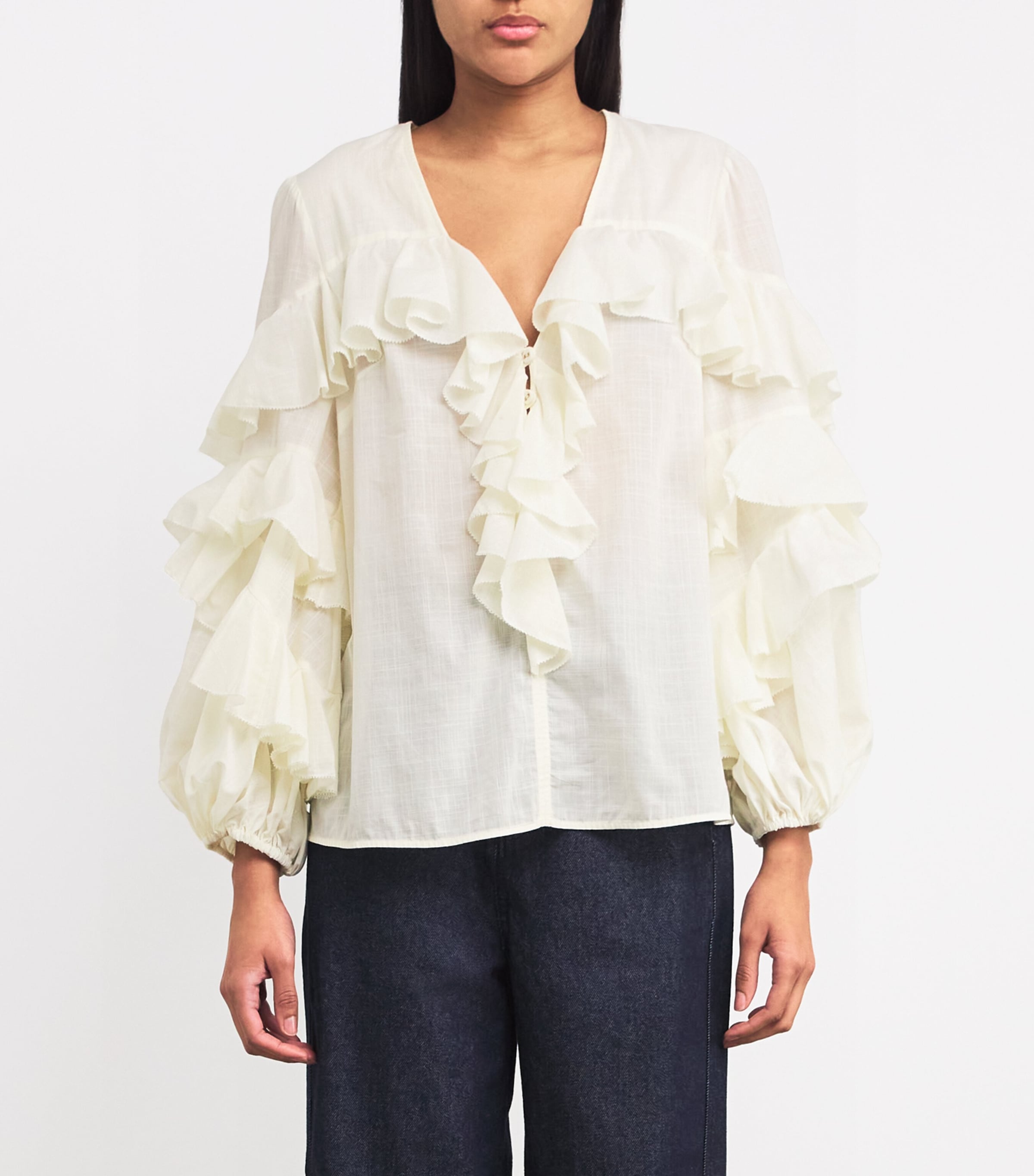 Cotton Ruffled V-Neck Blouse TEA Image 3
