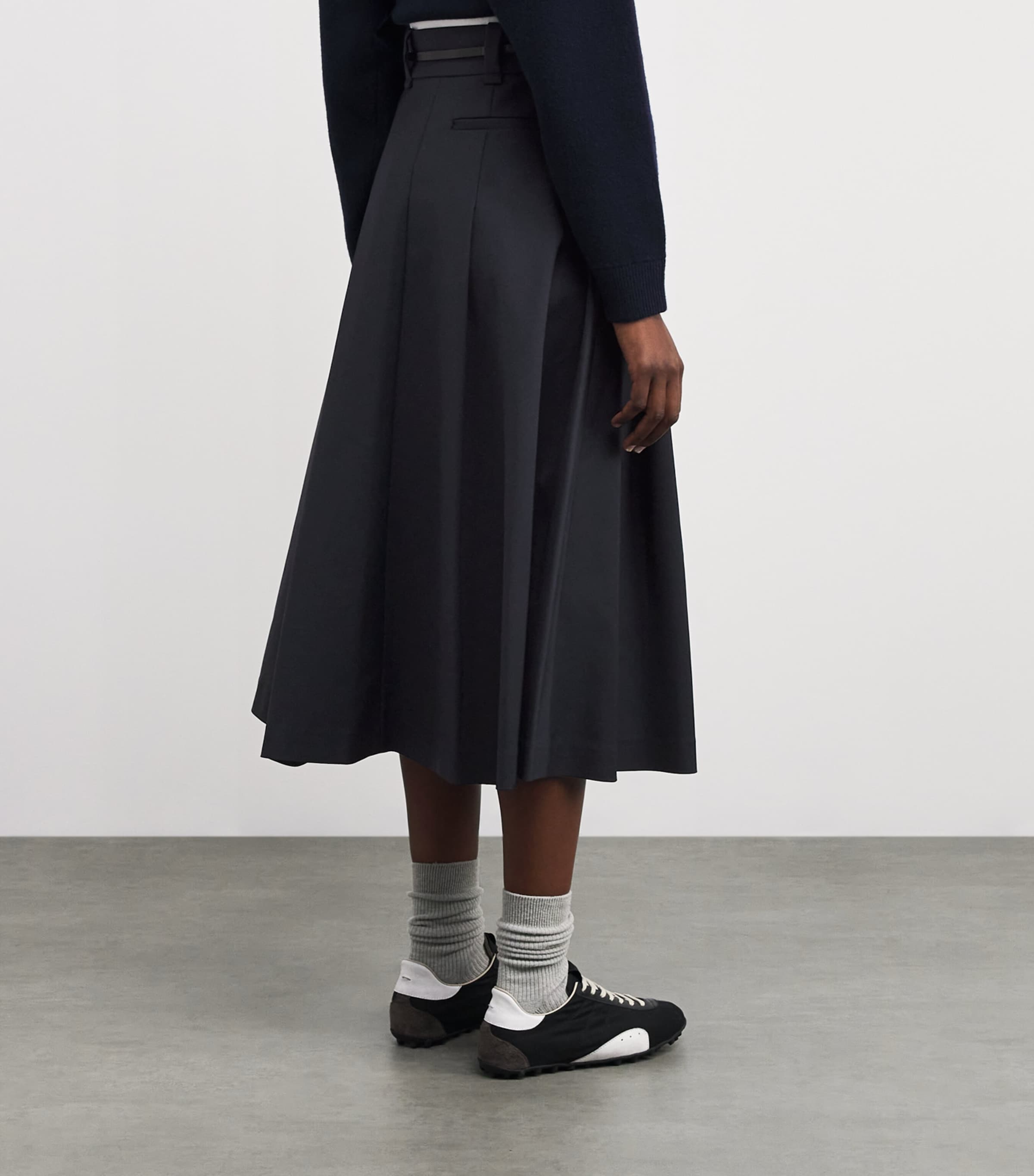 Cotton-Blend Belted Midi Skirt NAVY Image 4