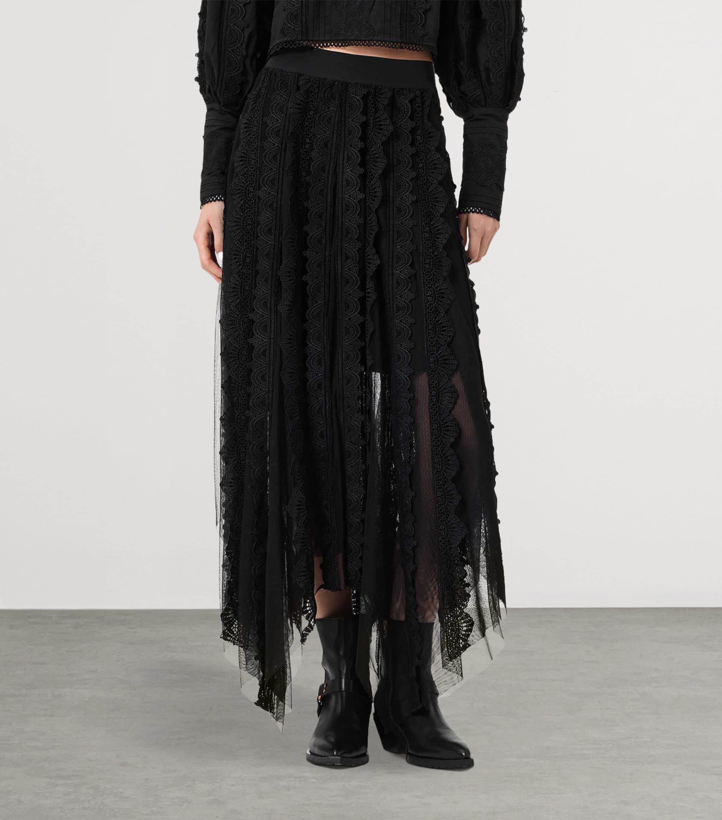 AllSaints Womens Cotton-Lace Vashtie Midi Skirt Black Image 3